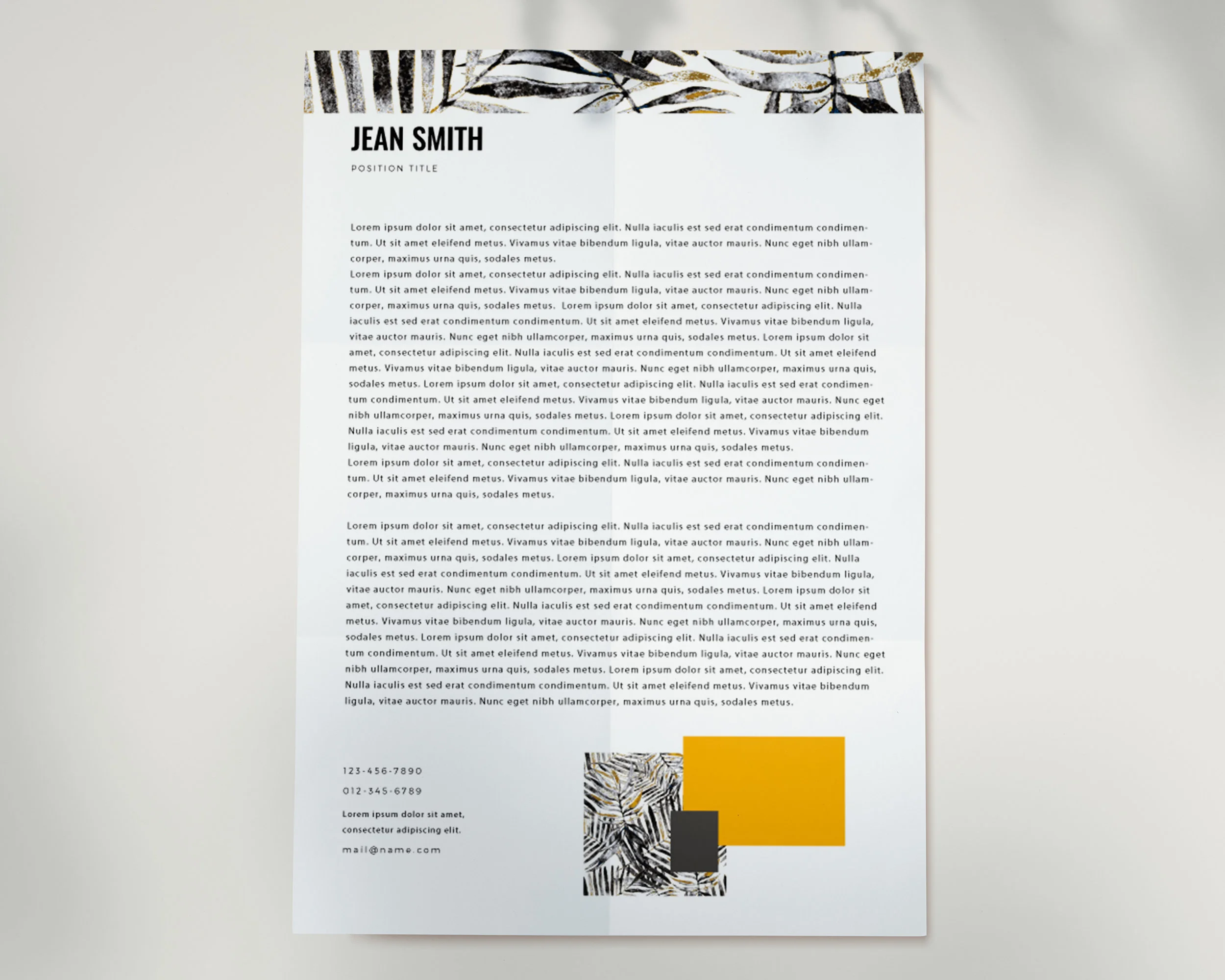 Lettre de motivation Québécoise Artistique - Jaune, Gris, Noir, Texture, Fougère rustique - Fond blanc texturé