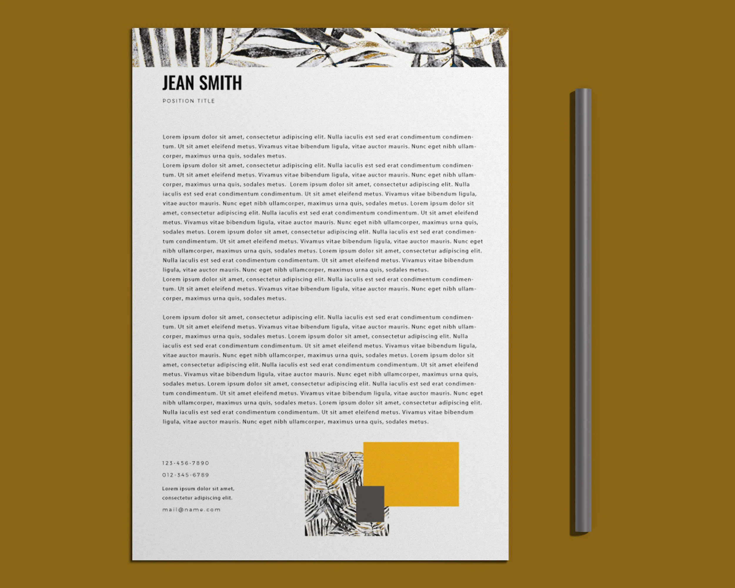 Lettre de motivation Québécoise Artistique - Jaune, Gris, Noir, Texture, Fougère rustique - Avec Crayon