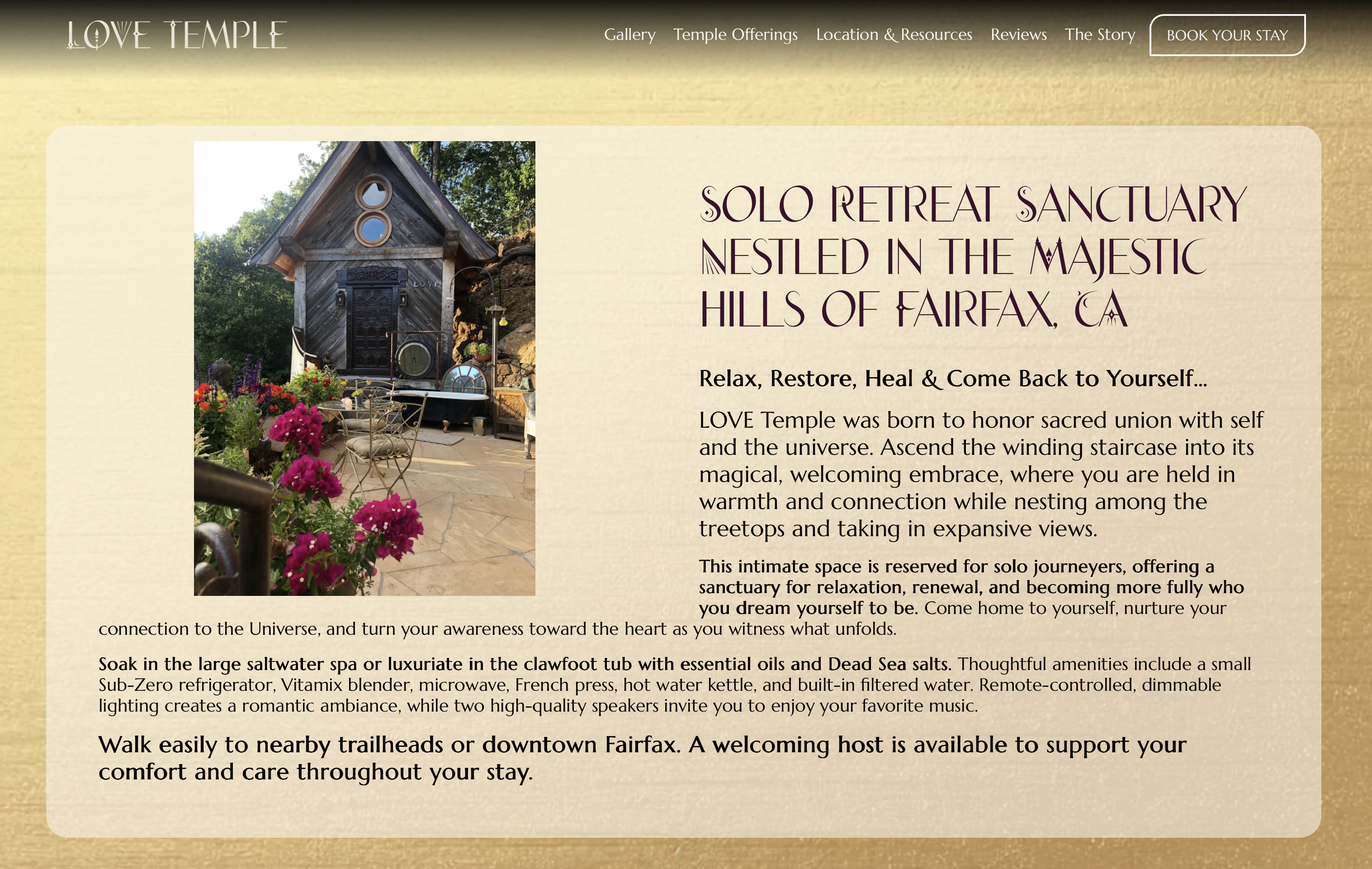 The Love Temple, Solo Retreat Sanctuary in Marin County, CA