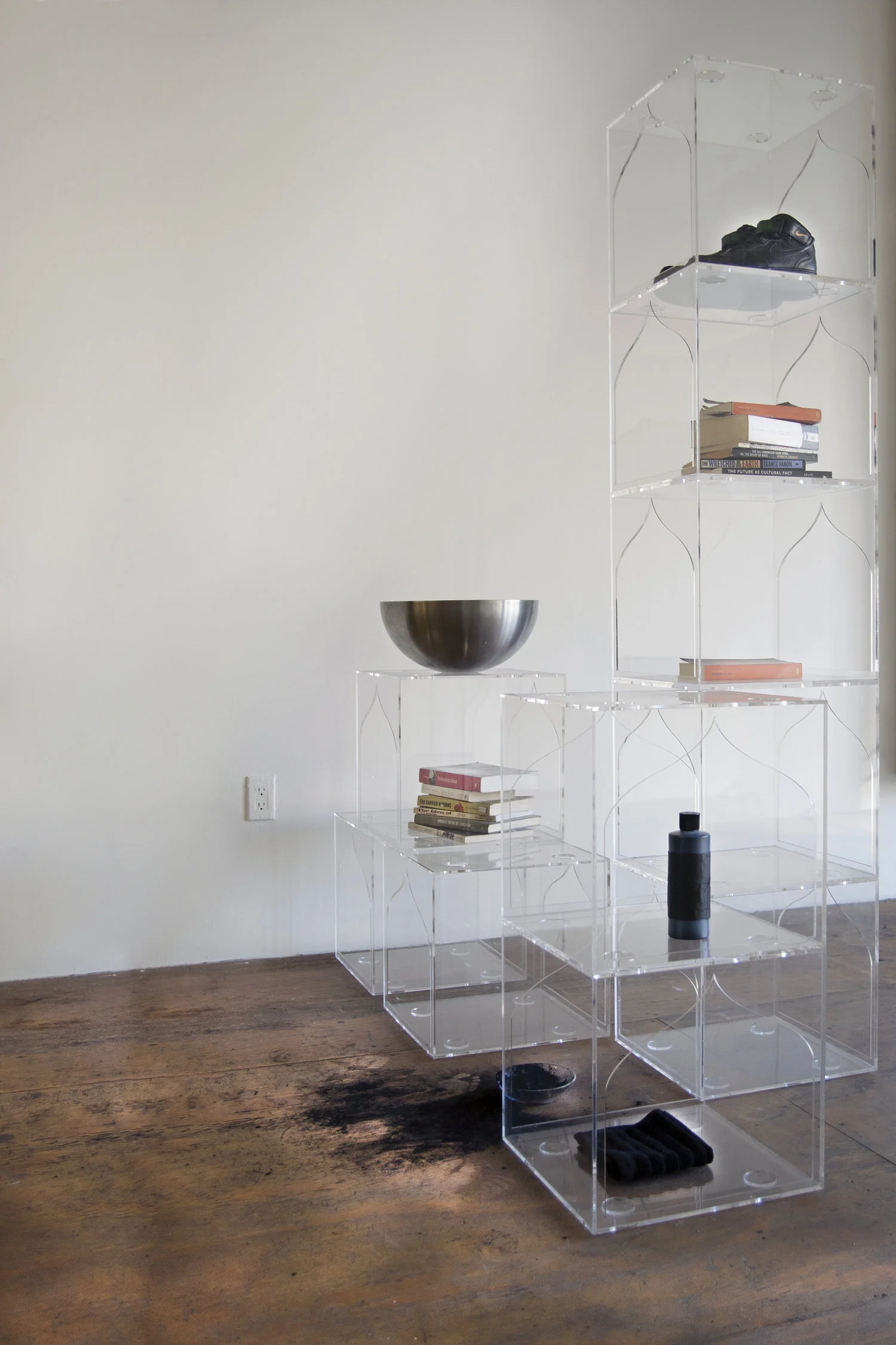 Reading Room, on Purpose, at Participant INC., NY, 2017, Acrylic shoe boxes, 15 x 15 inches each, with artist library