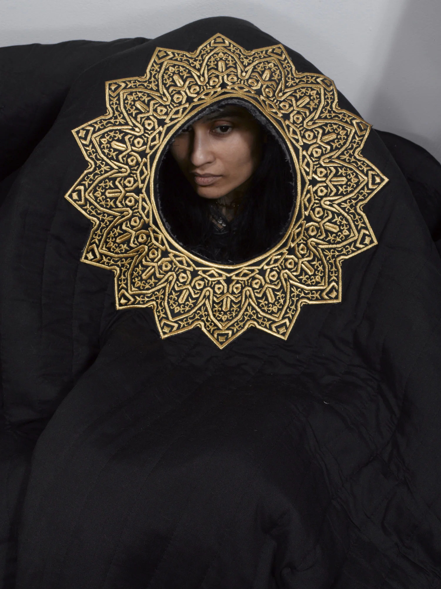 Acoustic Sound Blankets , Silk, felt, industrial sound insulation, gold custom embroidering, 90 × 85 in, 2017