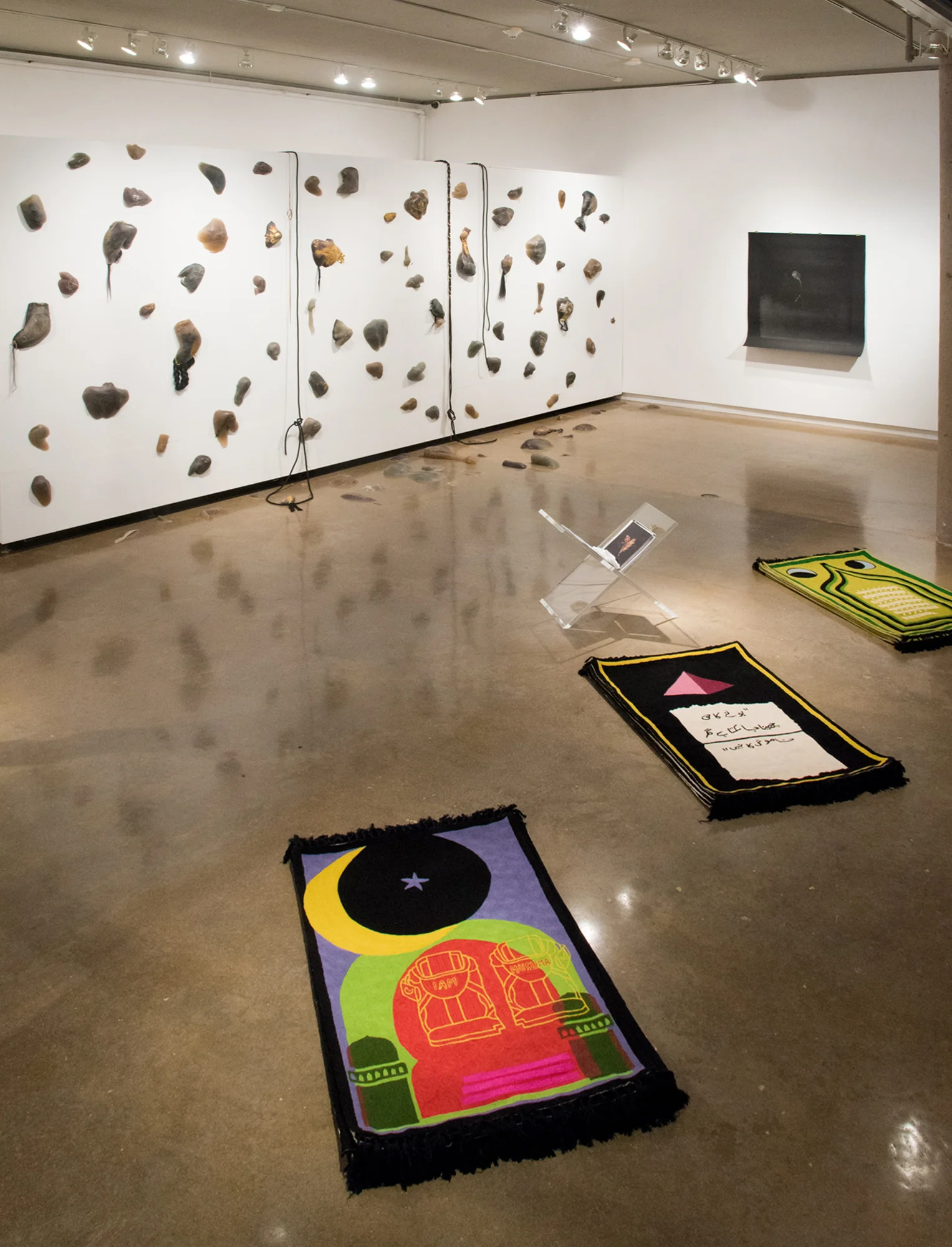 (From left to right) Purple Heart, Act Up, Lunar Count Down, TCU Moudy Gallery, Handmade wool rugs custom designed by artist, made in Kashmir, 48 × 30 in, 2017