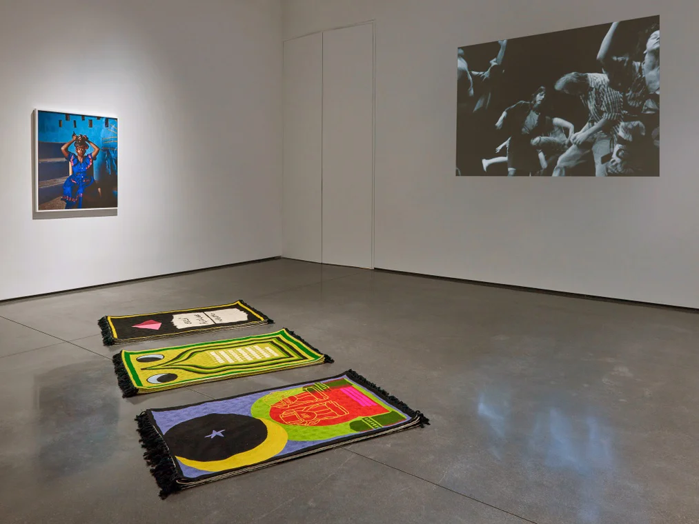 (From left to right) Purple Heart, Lunar Count Down, Act Up, Aspen Art Museum, CO, Handmade wool rugs custom designed by artist, made in Kashmir, 48 × 30 in, for group show of Ritual, 2018