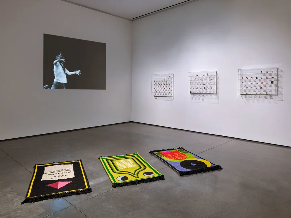 (From left to right) Purple Heart, Lunar Count Down, Act Up, Aspen Art Museum, CO, Handmade wool rugs custom designed by artist, made in Kashmir, 48 × 30 in, for group show of Ritual, 2018