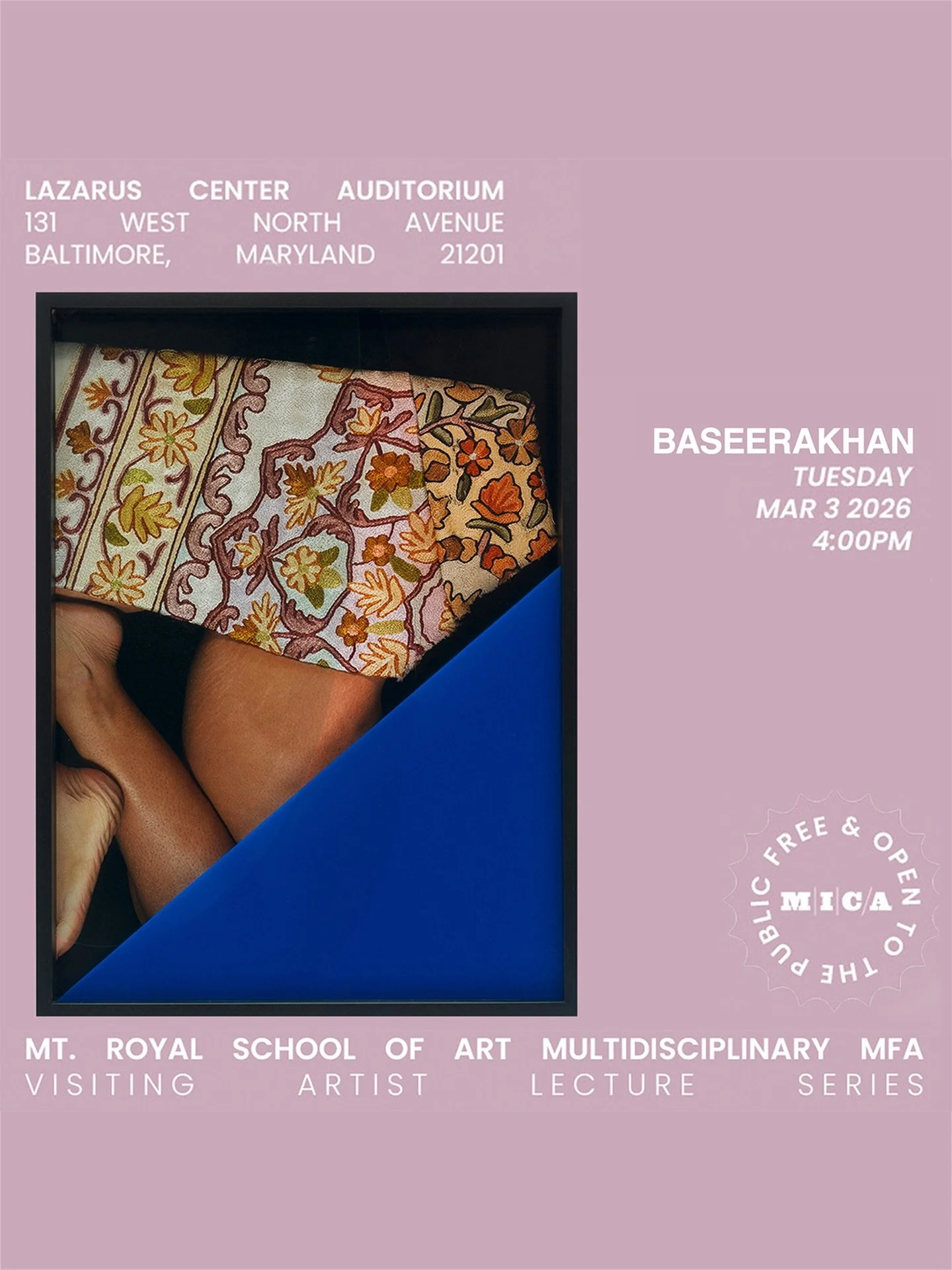 Join me at @marylandinstitutecollegeofart located at Lazarus Center Auditorium, Baltimore, Maryland

Lecture: Baseera Khan 
Tuesday, March 3, 2026
4pm

pictured: I Arrive in Place with a High Level of Psychic Distress, Rose Gold, 2023
framed c-print,
