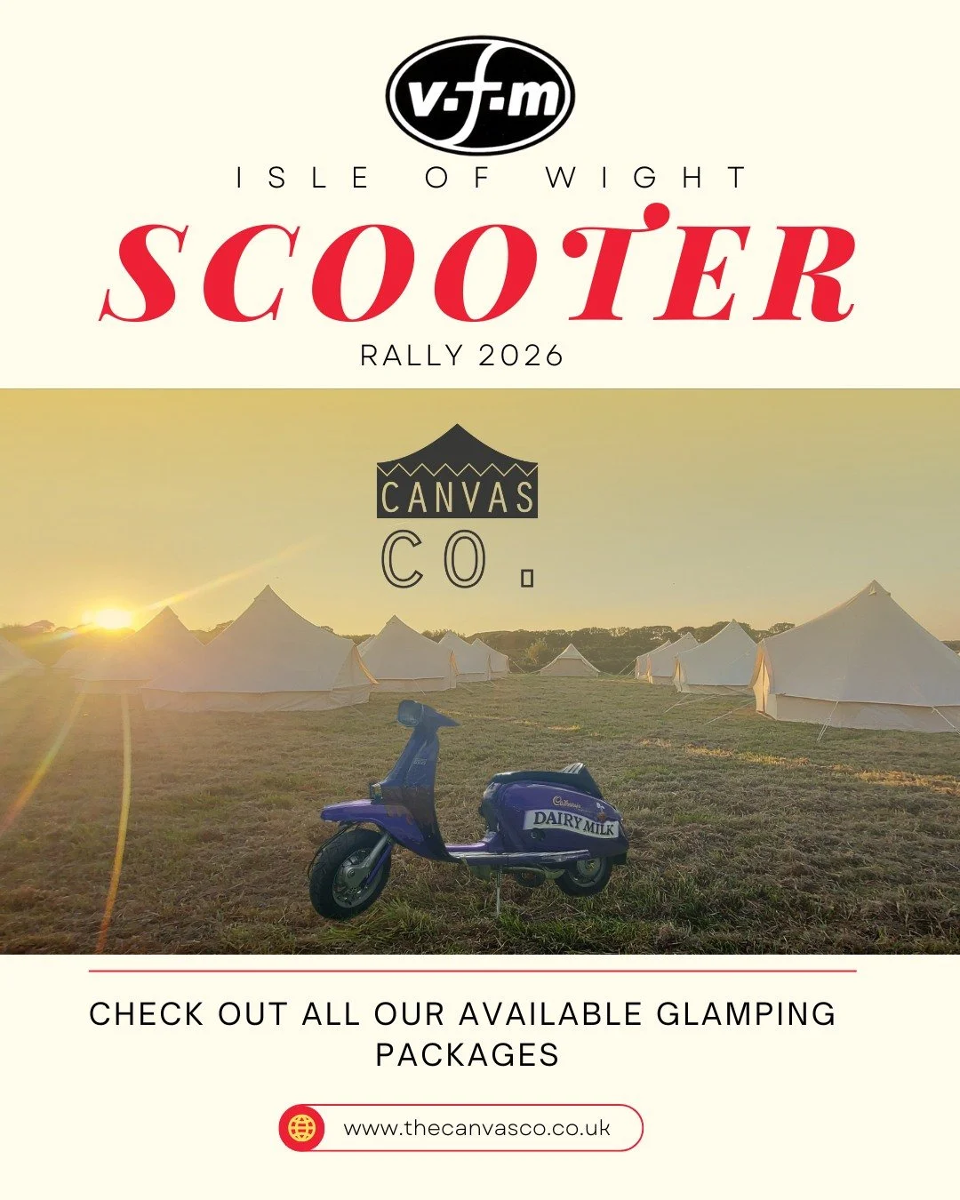 🛵Only one week to go before the utterly awesome Isle of Wight Scooter Rally hosted by VFM Scooter Events ❤️🩷🧡💛💚💙🩵💜🖤🩶🤎

⛺️Don't forget, you can treat yourself to luxury accommodation with The Canvas Co

We have glamping available to book ri