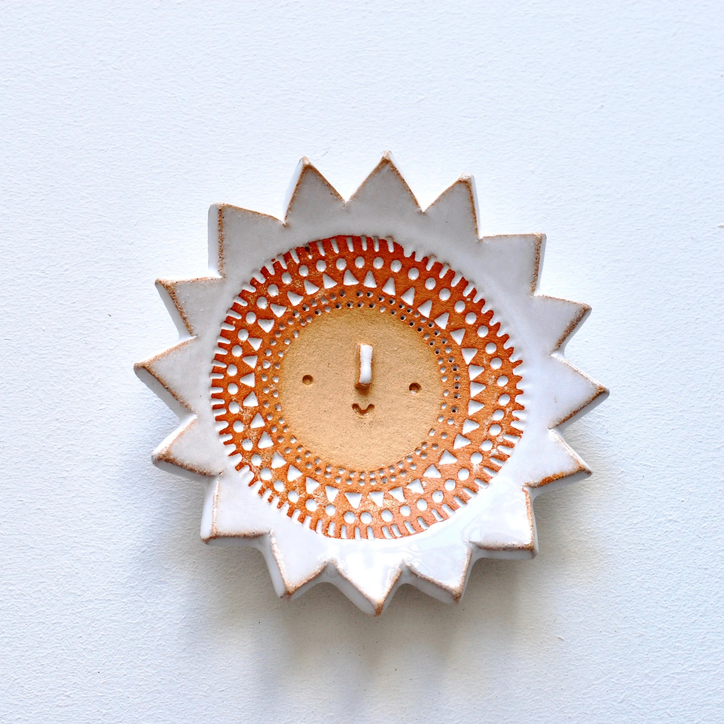 Sun shape face ceramic ring // trinket dish // textured clay + white glaze