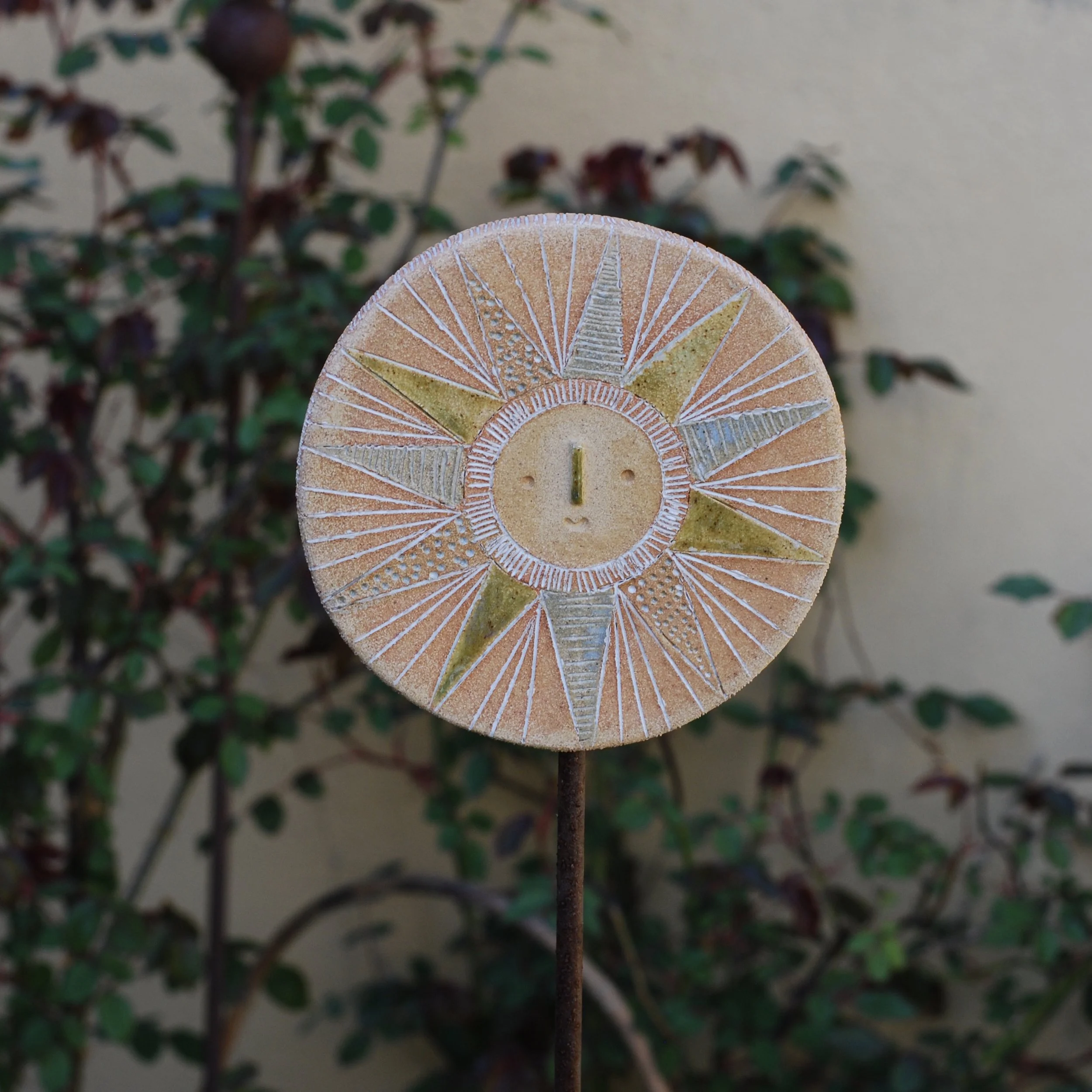 Large Sun face Garden Sculpture ornament // Toasted clay