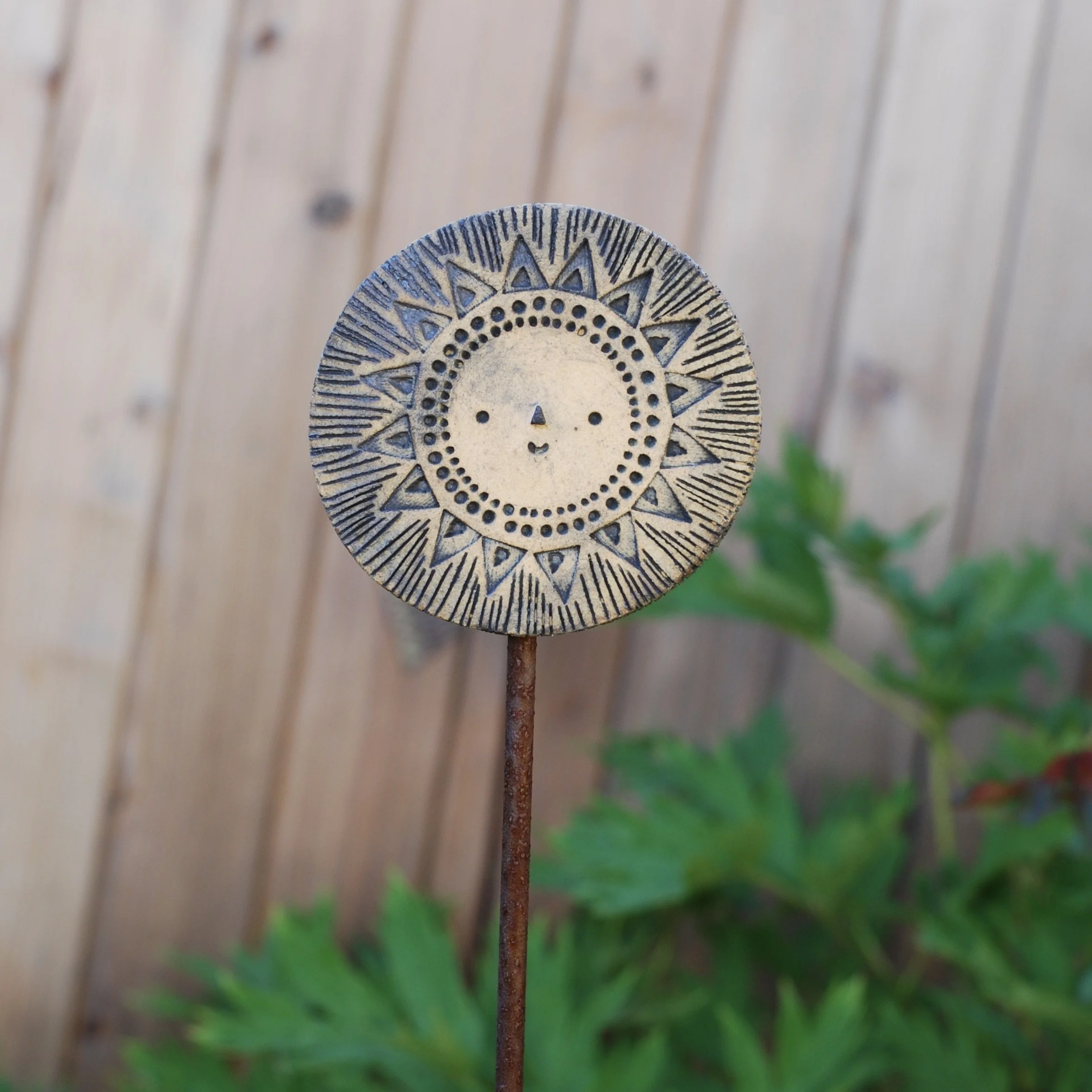 Double Sun face Garden Sculpture ornament // black clay