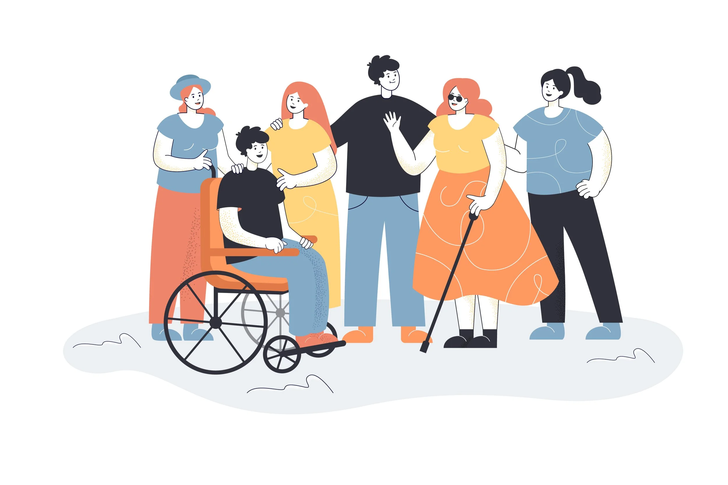Illustration von Männer und Frauen, die Menschen mit Behinderungen und Beeinträchtigungen willkommen heissen.