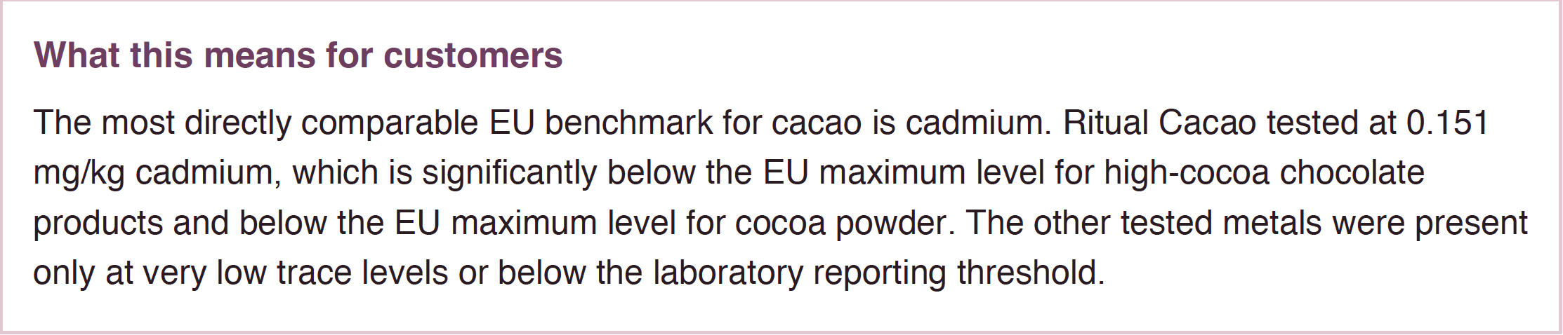 Screenshot of a section of a document explaining the significance of cadmium levels in chocolate products for customers.