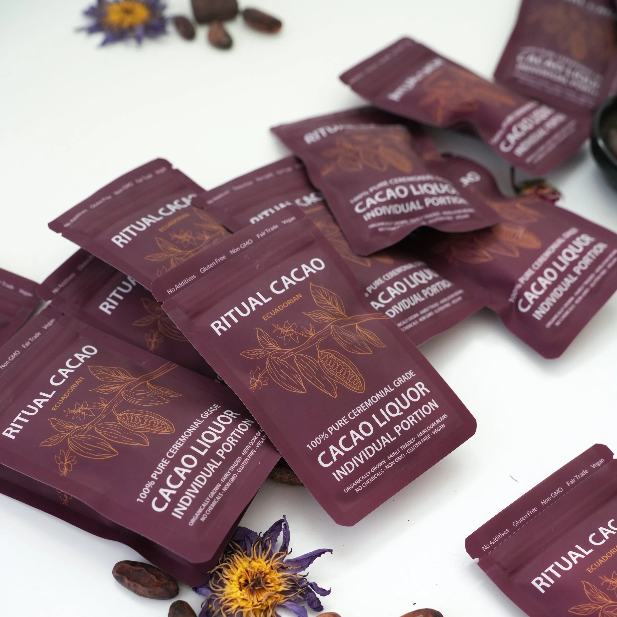Ceremonial grade cacao individually packaged in recyclable pouches