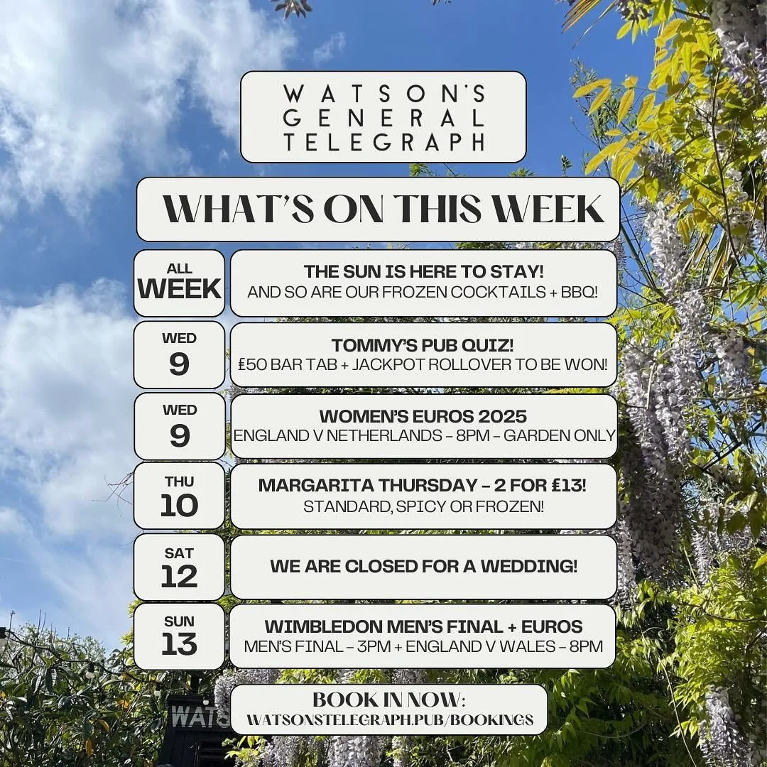 🌞 An action-packed sunny week coming up at WGT 🌞 
Come and bask in our beautiful beer garden after work, or come down during the day for a sandwich and Wimbledon! 🎾 
We are closed for a wedding on Saturday, but join us on Sunday for a bumper day o