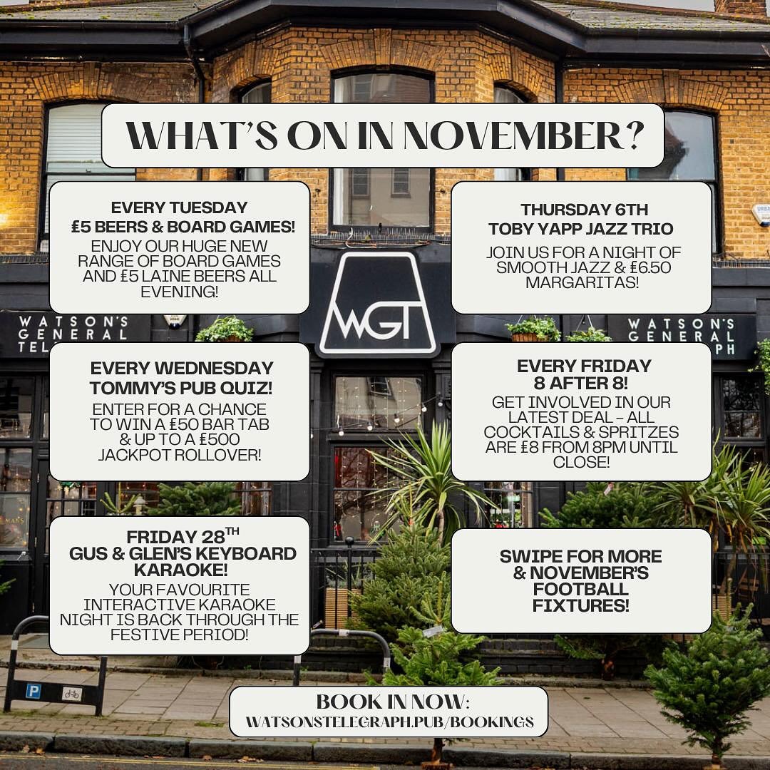 Things are starting to get festive this month! 🌲 Coming up in November at WGT we&rsquo;ve got loads of great drinks deals, events, and swipe for some Winter extras and November&rsquo;s football fixtures ⚽️ 
#pub #football #christmas #eastdulwich #pe