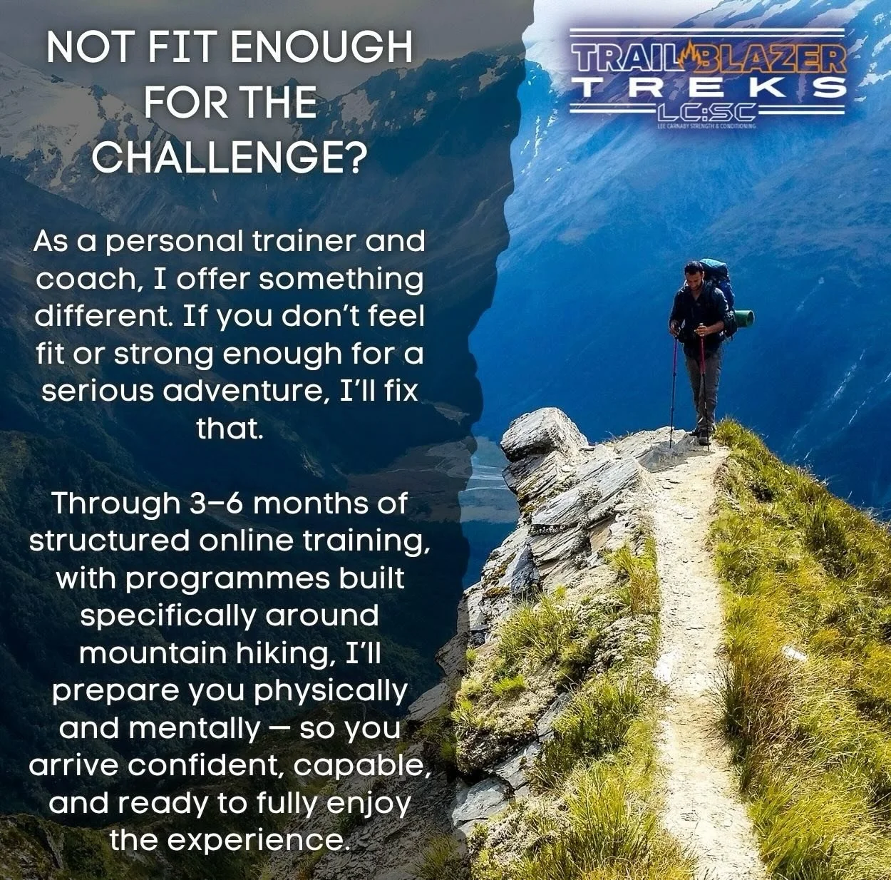 I often get; &ldquo;I&rsquo;d love to do these trips but I&rsquo;m not fit enough!&rdquo;

Well, that&rsquo;s where Trailblazers is different. As a PT and coach, I&rsquo;ll get you more than ready to tackle these adventures&hellip;

3-6 months online
