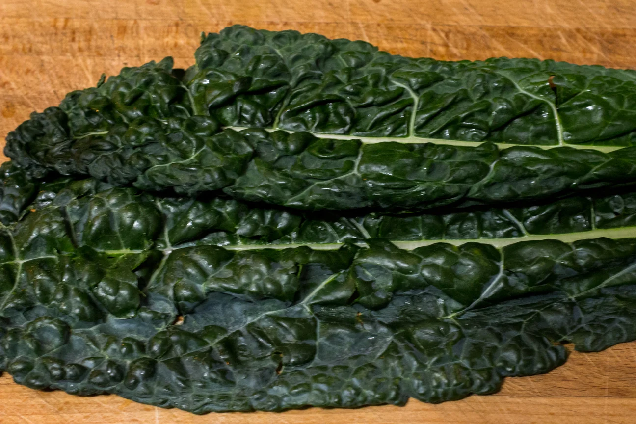Dinosaur Kale - a dark green variant with crispy texture that holds while under high heat.