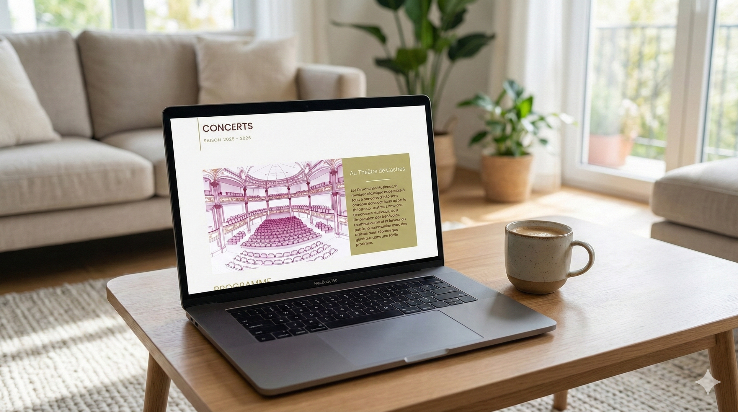 Dimanches Musicaux website redesign in a Macbook sitting on a living room coffee table.