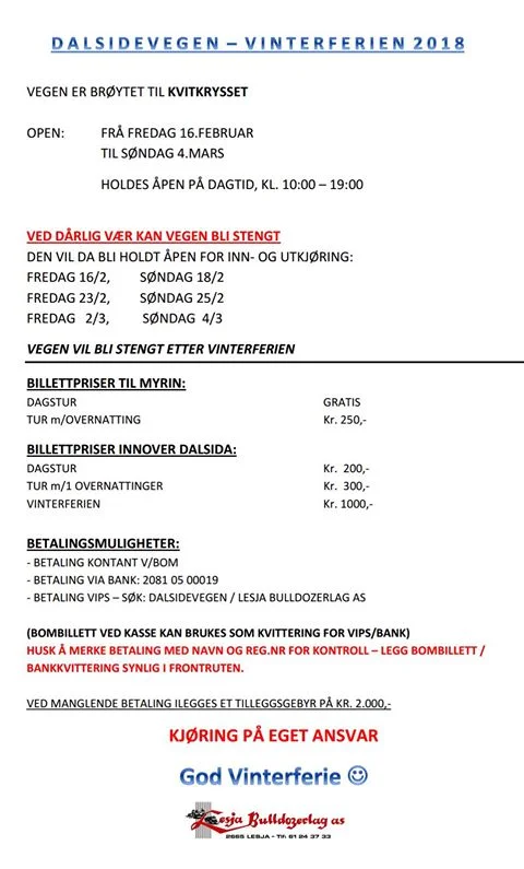 Brøyting av Dalsidevegen i vinterferien