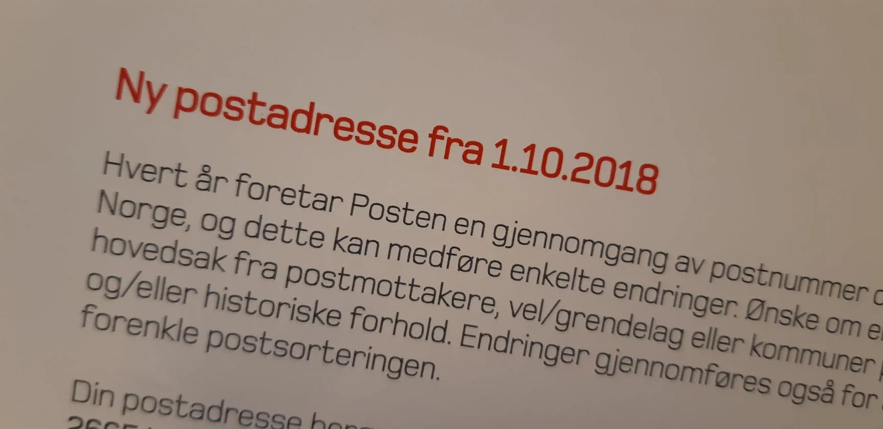 Ny postadresse fra 1. oktober 2018