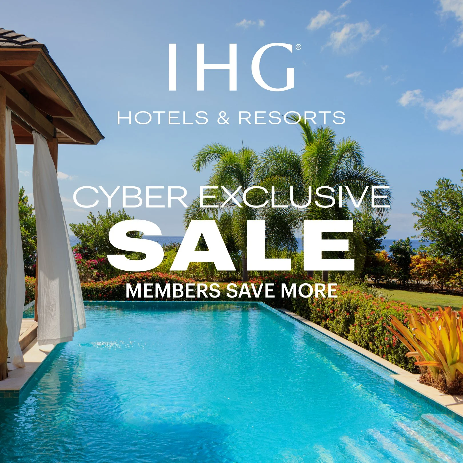 Pool view with palm trees and Cyber Exclusive headline