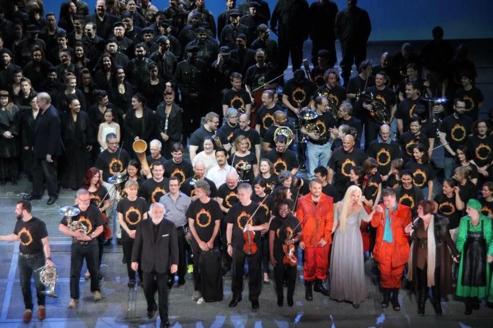 The orchestra, chorus, cast, and Maestro Auguin take an onstage bow after the Götterdämmerung dress rehearsal