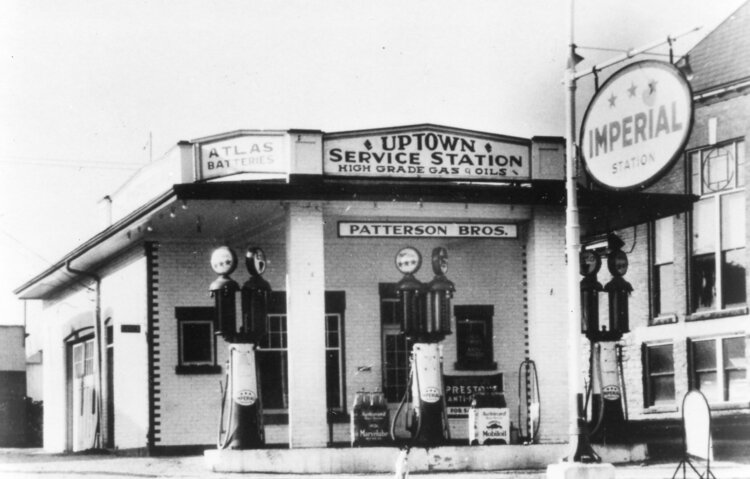 Uptown Service Station, operated by the Patterson Brothers, was located on Manitoba Street, Bracebridge, next door to the Bracebridge Public Library, part of which can be seen on the right side of the photo. The Old Station restaurant now operates on this site. Photo & caption courtesy of the  Muskoka Digital Archives.