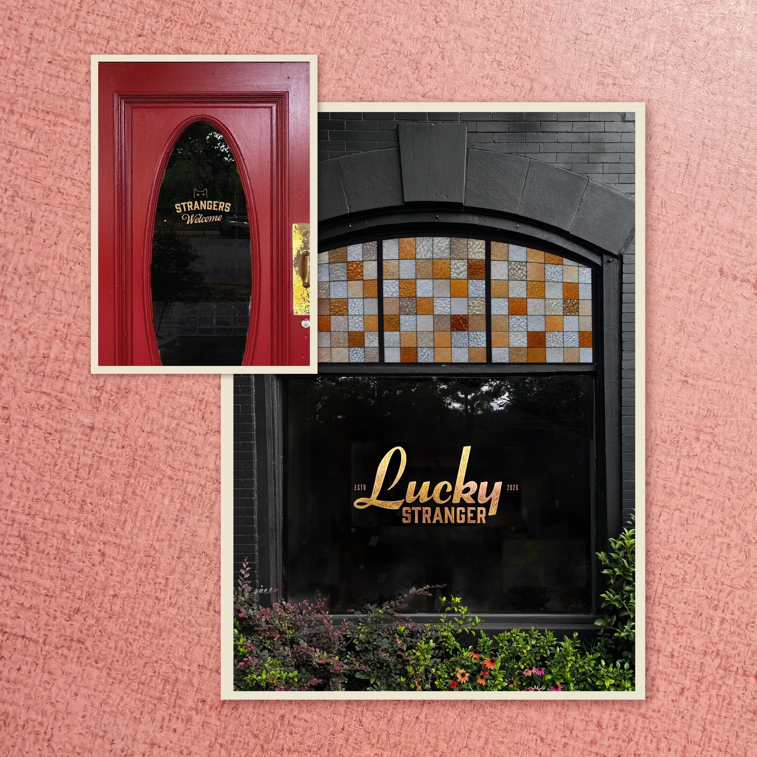 Lucky Stranger gold window and door signage