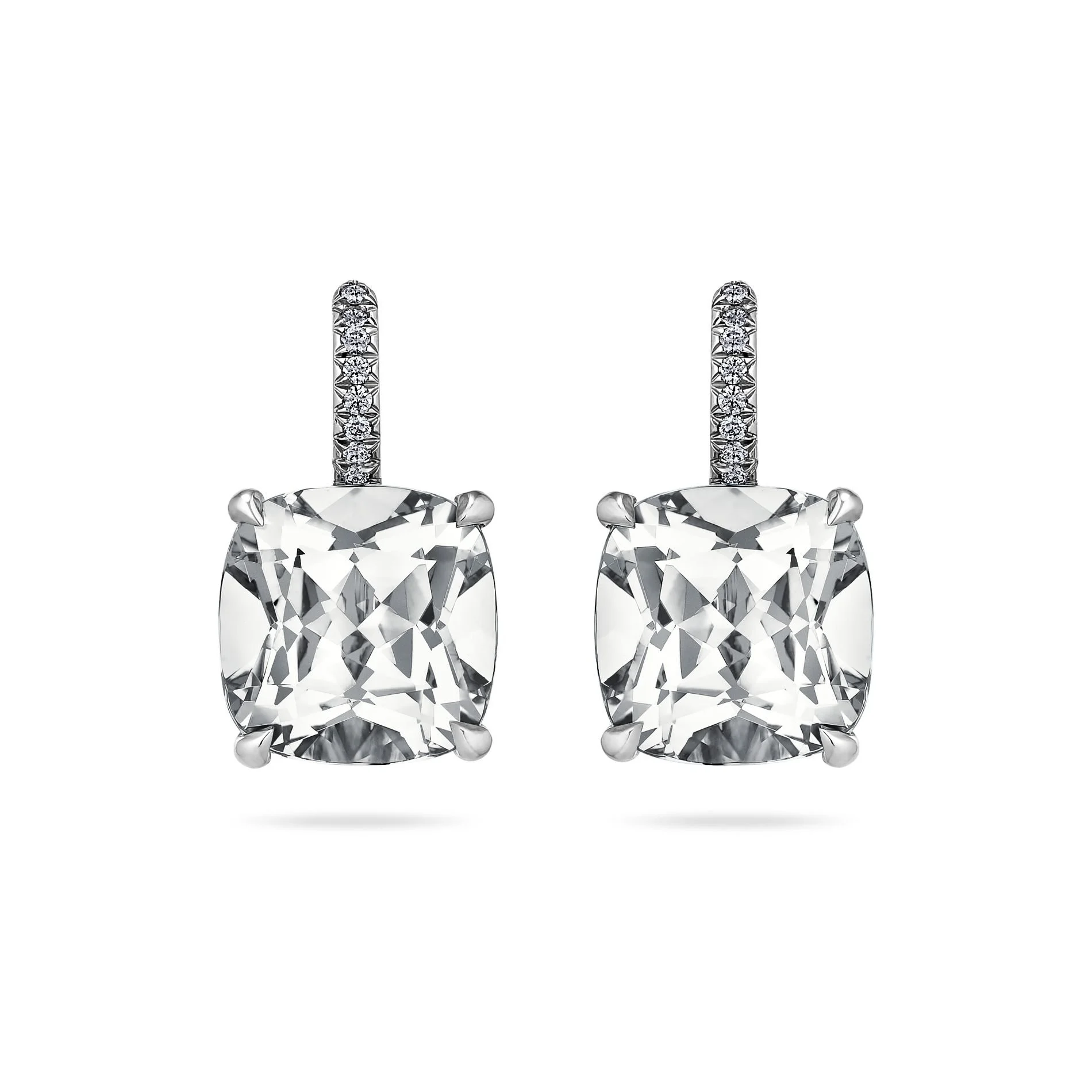 Cushion Cut Medium Size White Topaz Diamond Platinum Drop Earrings