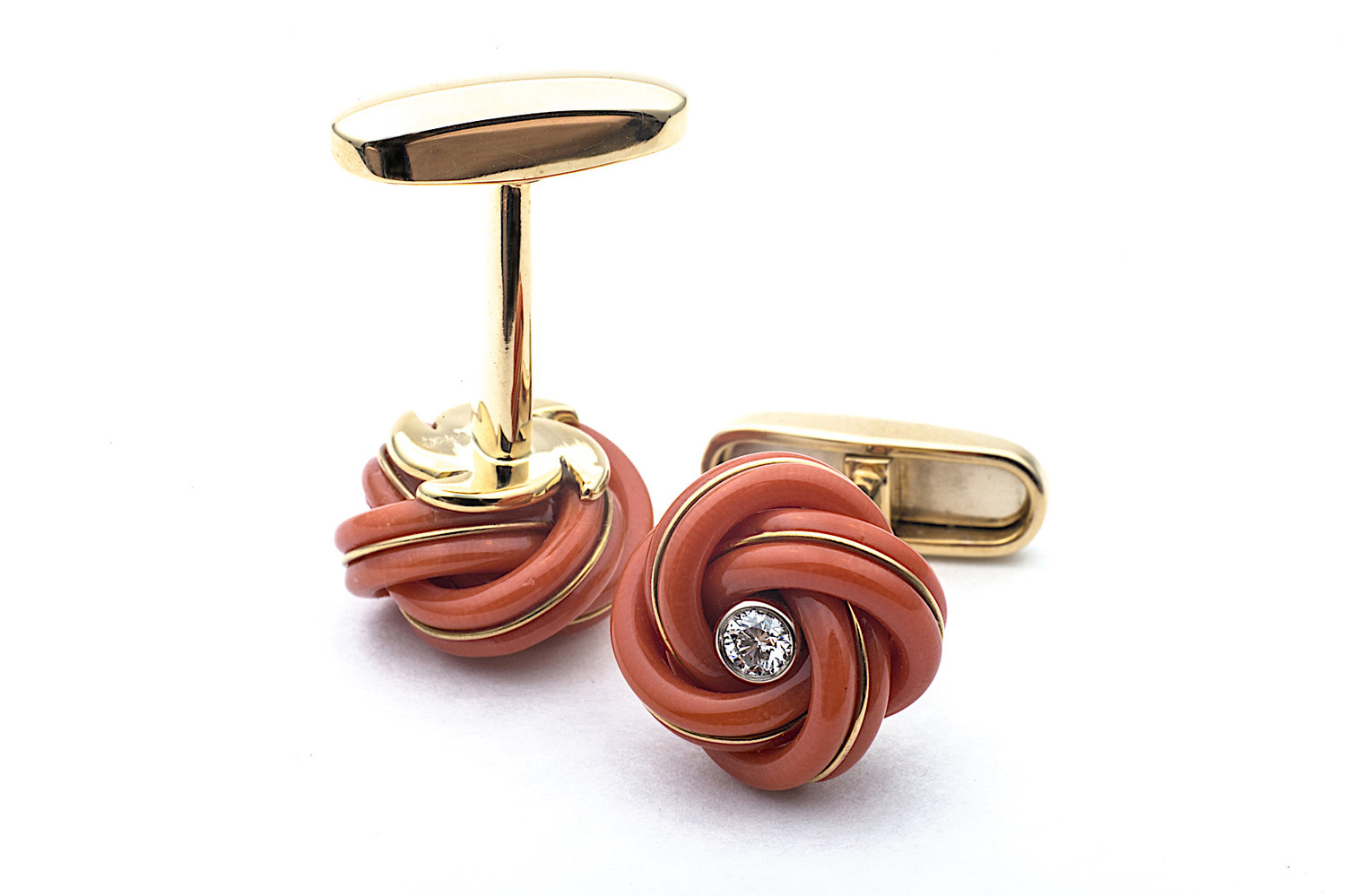 Men's Gold/Peach Button Cover Cuff-Link With Crystal Stud Centered