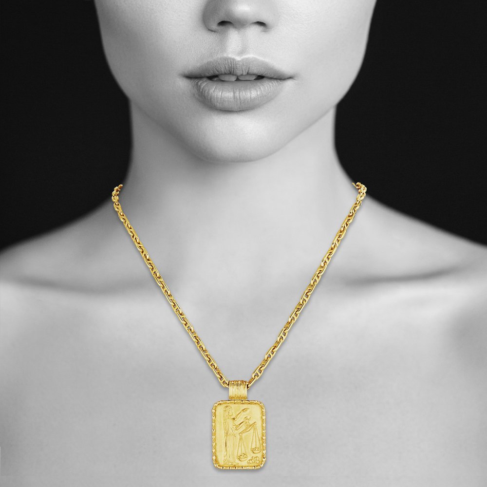 Modernist Gold Libra Scale Zodiac Pendant - Vintage Zodiac Necklaces by Fred Paris Jewelry
