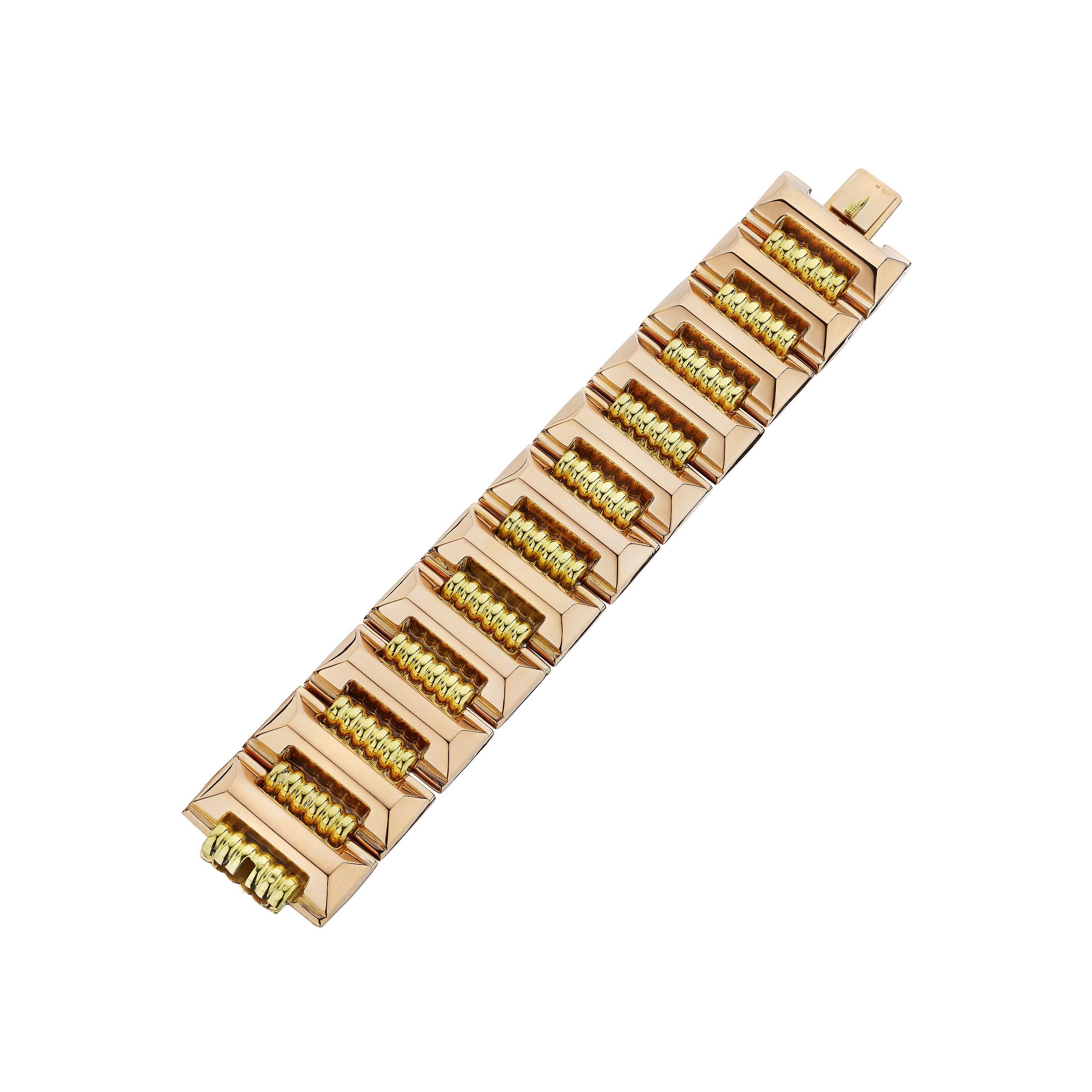 Mid-Century Bi-Color Rose Yellow Gold Wide Track Bracelet