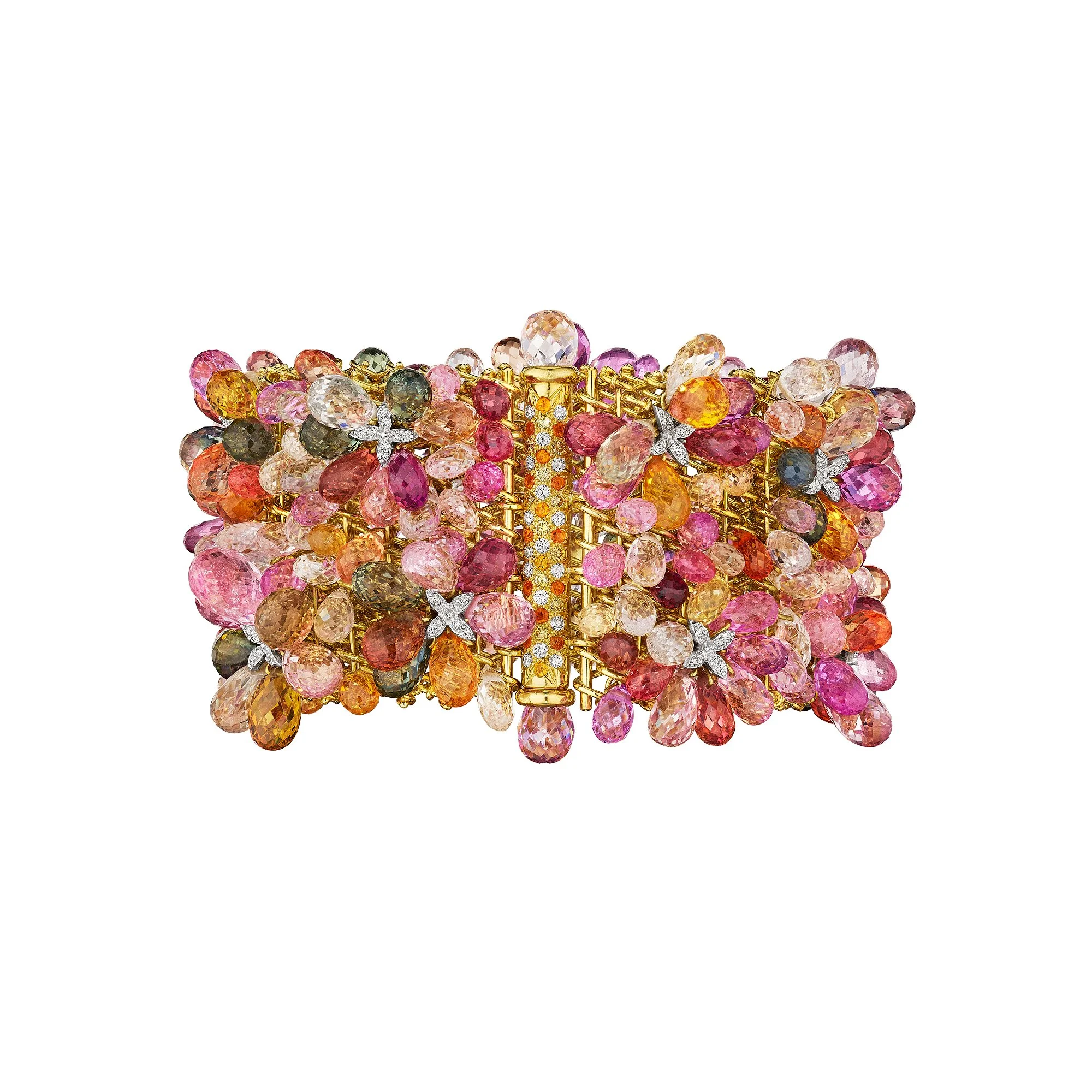 Nicholas Varney Multi-Colored Sapphire Diamond Gold Modernist Cuff Bracelet