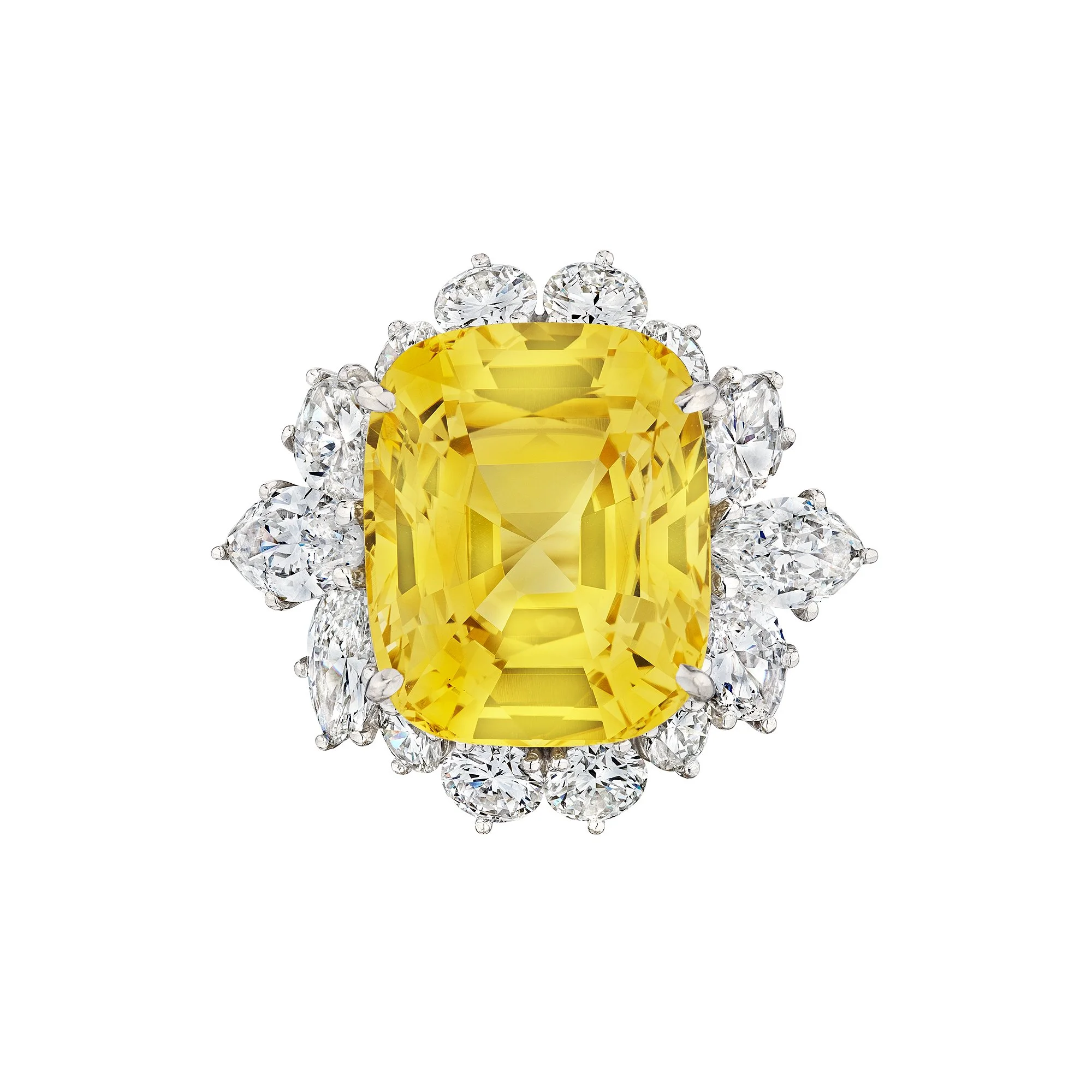 14.61 Carat Cushion Brilliant Cut Natural Yellow Sapphire Diamond Platinum Ring