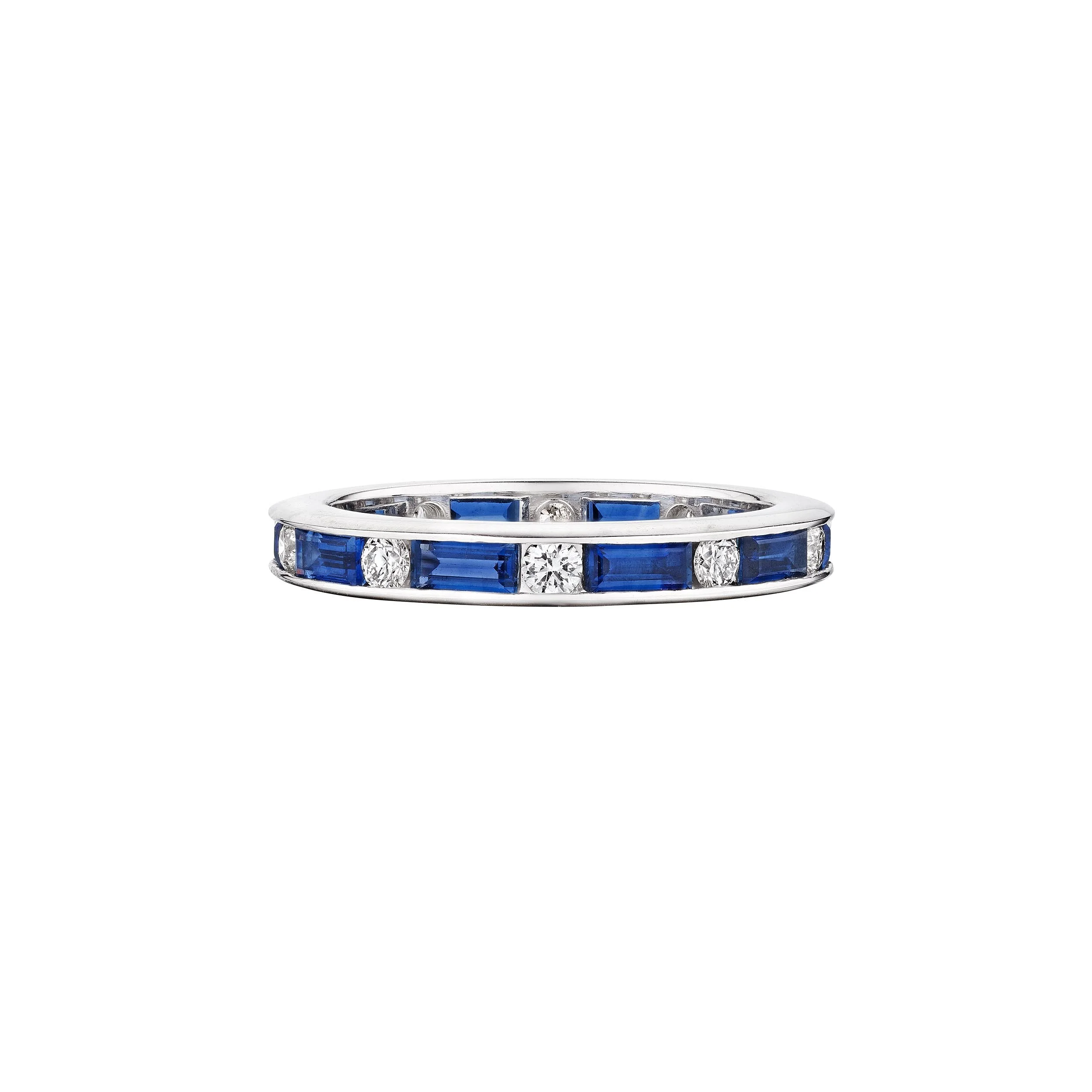Baguette Cut Sapphire Ideal Cut Round Platinum Channel Set Eternity Band Ring