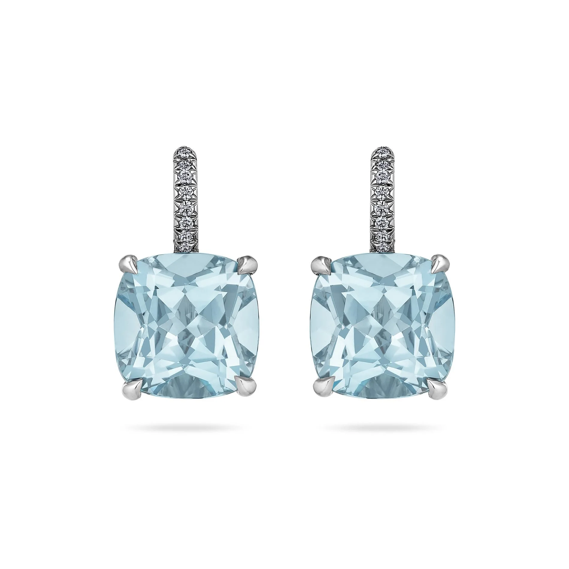Cushion Cut Medium Size Light Blue Topaz Diamond Platinum Drop Earrings