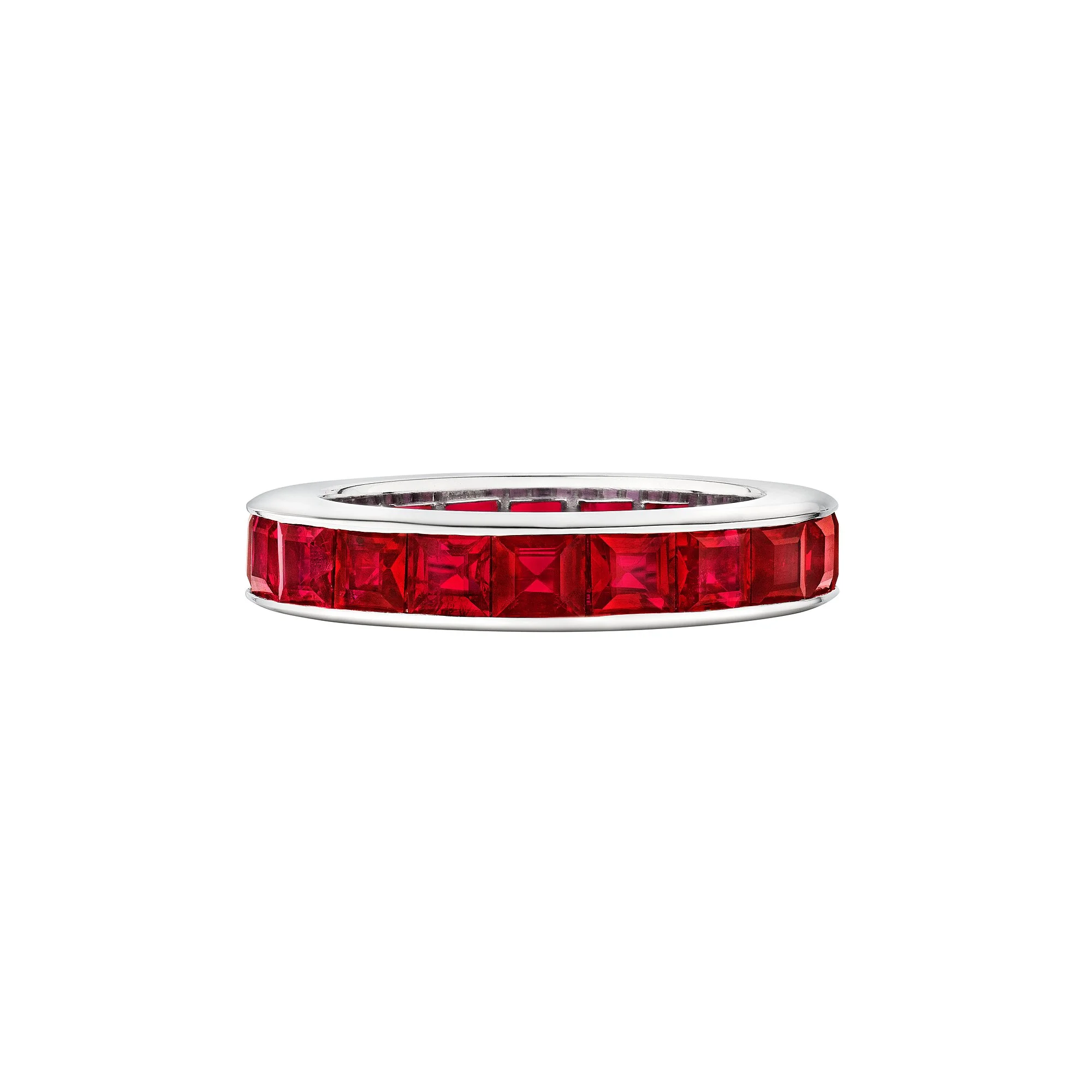 Square Cut Ruby Platinum Channel Set Extra Wide Eternity Band Ring