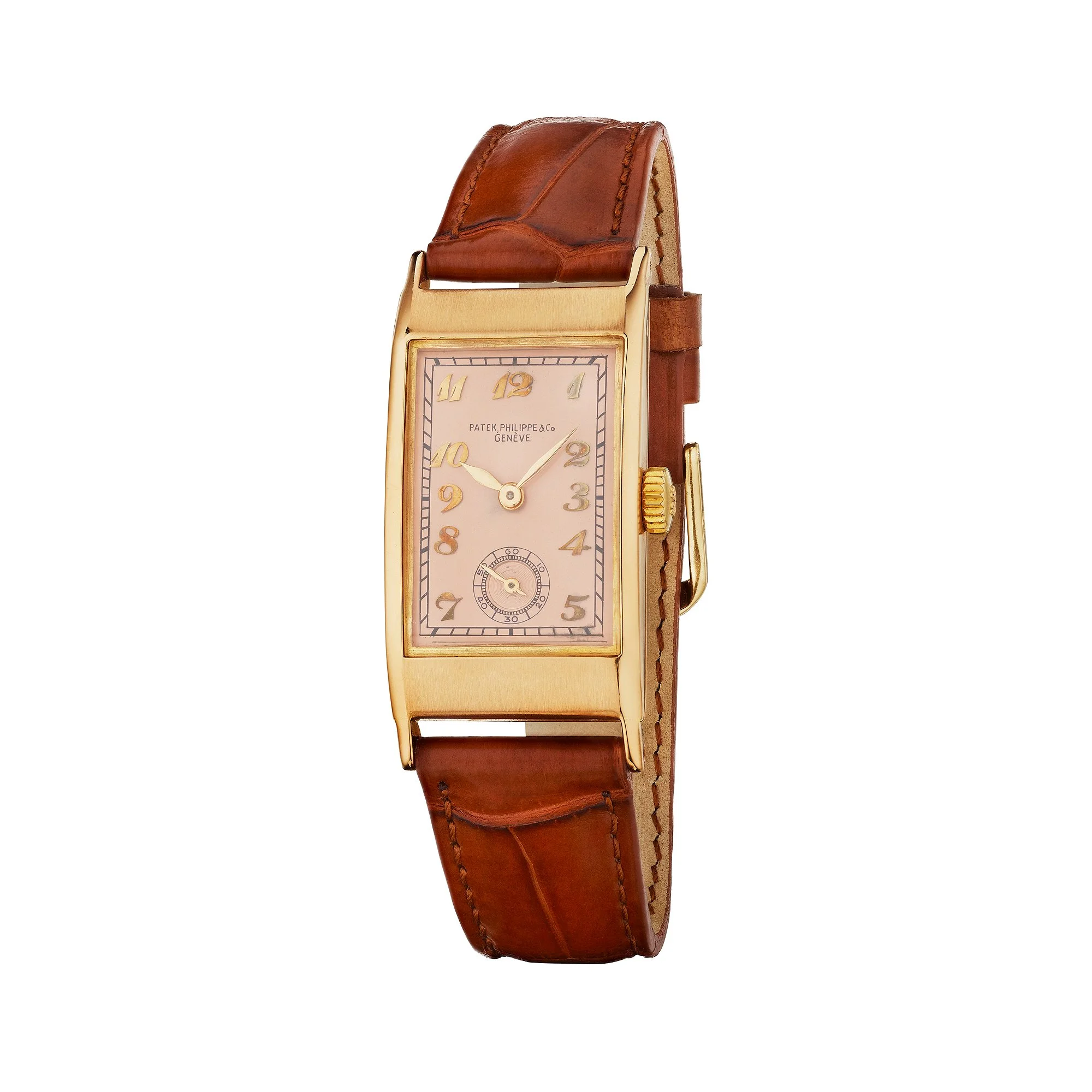 Patek Philippe Geneve Mid-Century Gold Tank Wristwatch Leather Strap