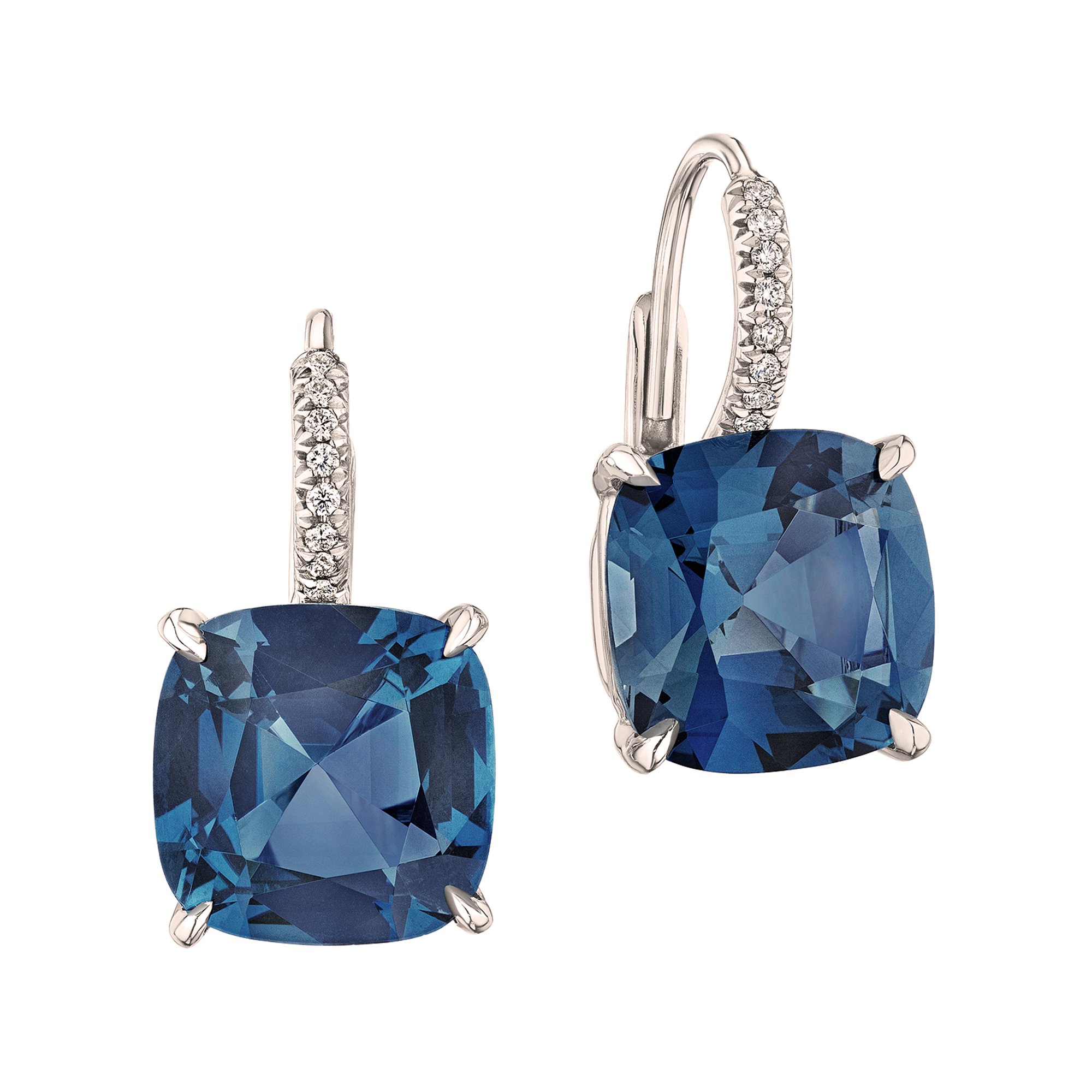 Cushion Cut Large Size London Blue Topaz Diamond Platinum Drop Earrings