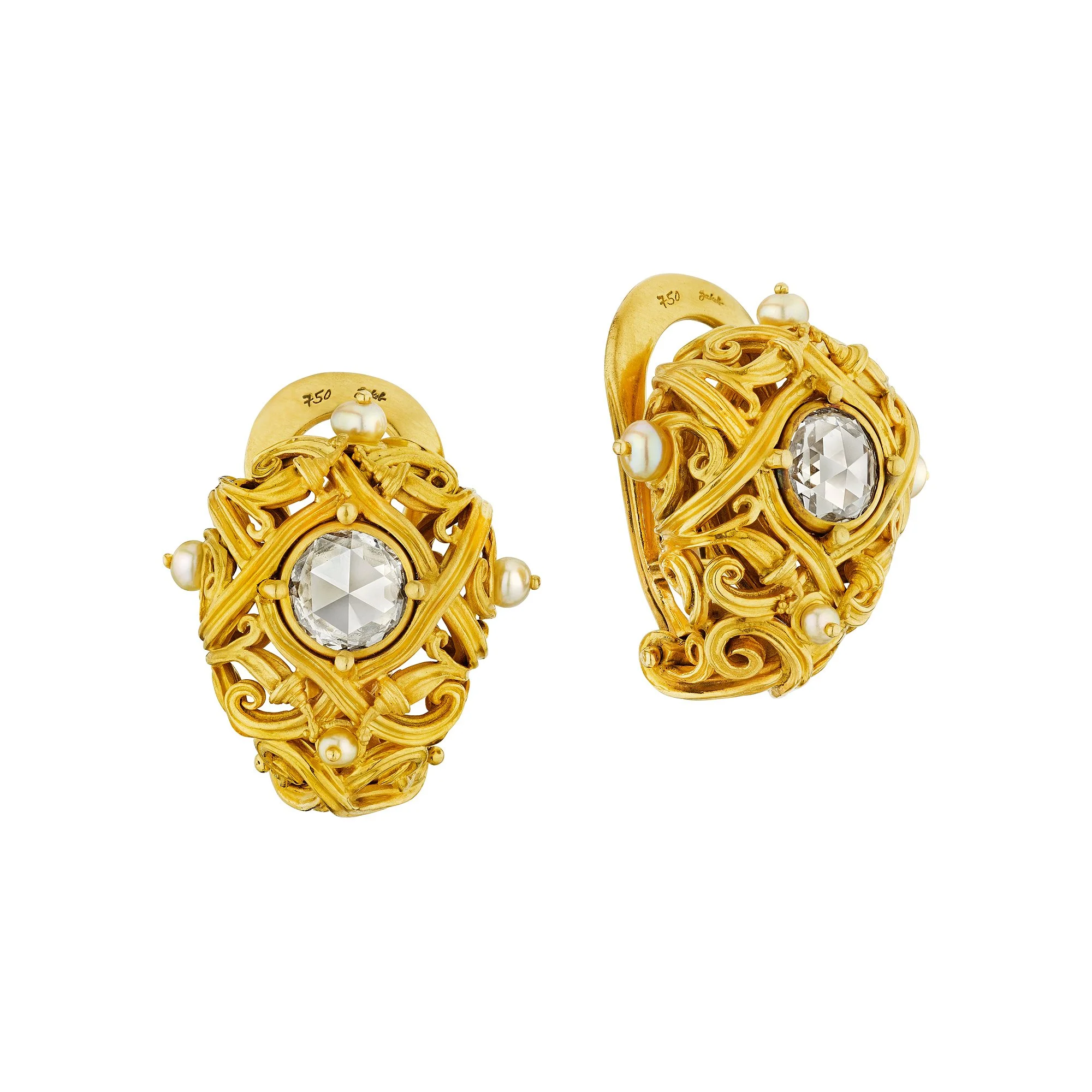 Otto Jakob Vintage Diamond Natural Pearl Gold Earrings