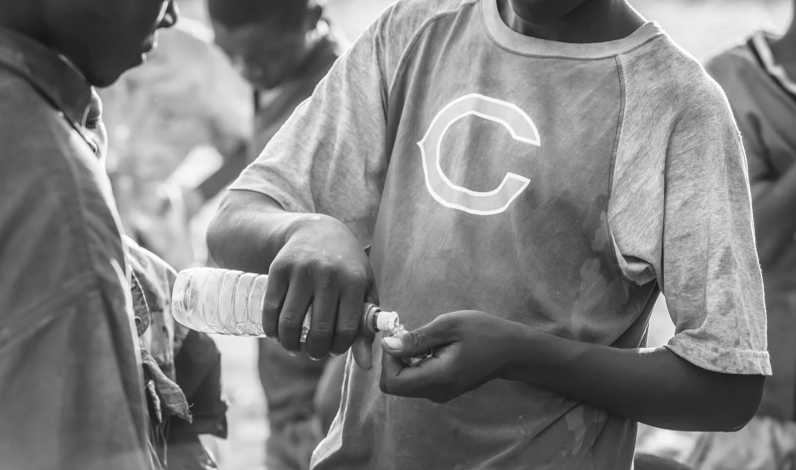 Boys sell "tina" paint thinner soaked rags for 10 shillings (10 cents) a piece. A soaked rag lasts for about 5 minutes.