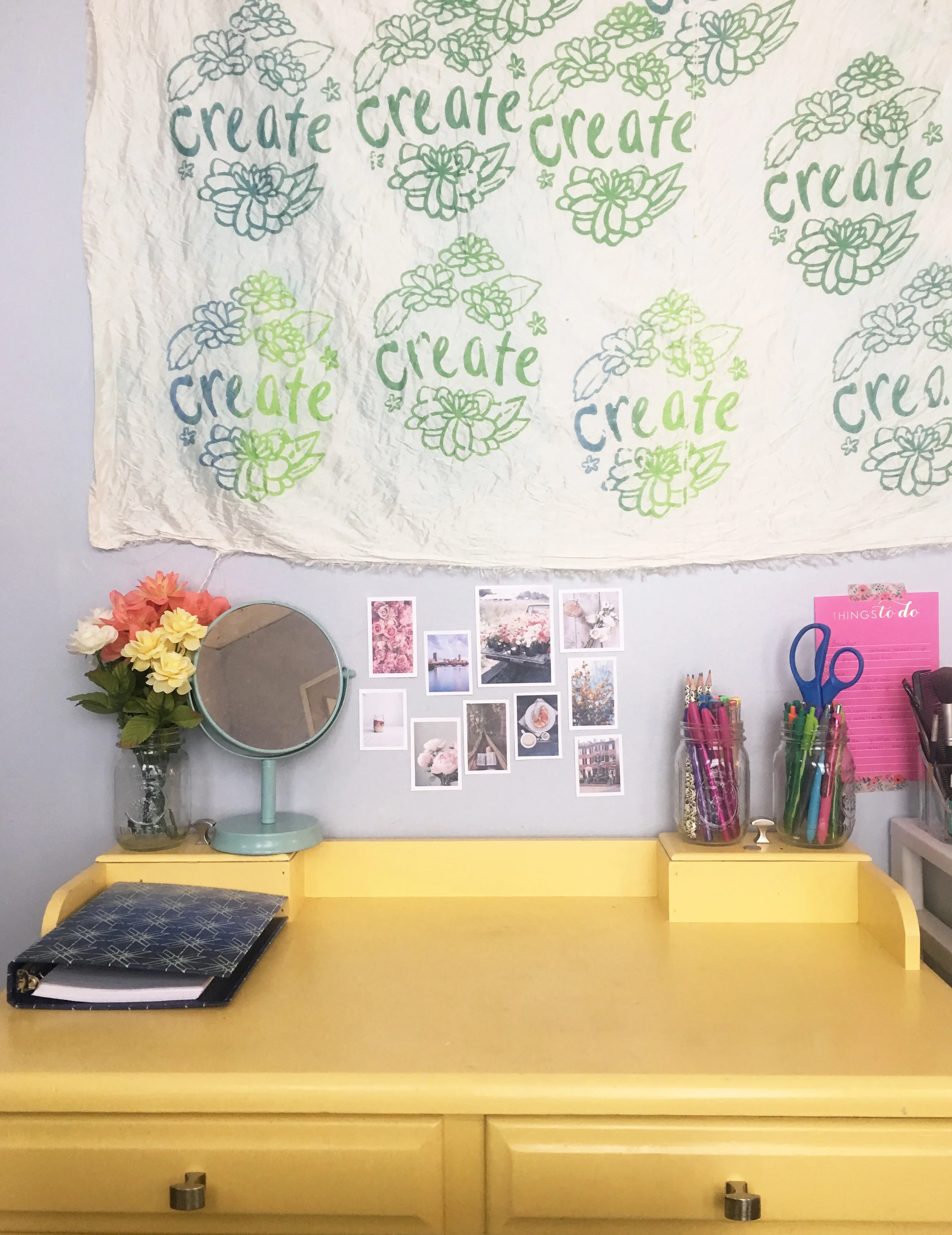 My sweet, cheerful yellow desk! Awhile ago, my neighbors were getting rid of this desk. We gave it a coat of yellow spray paint and new knobs and it has been with me ever since!