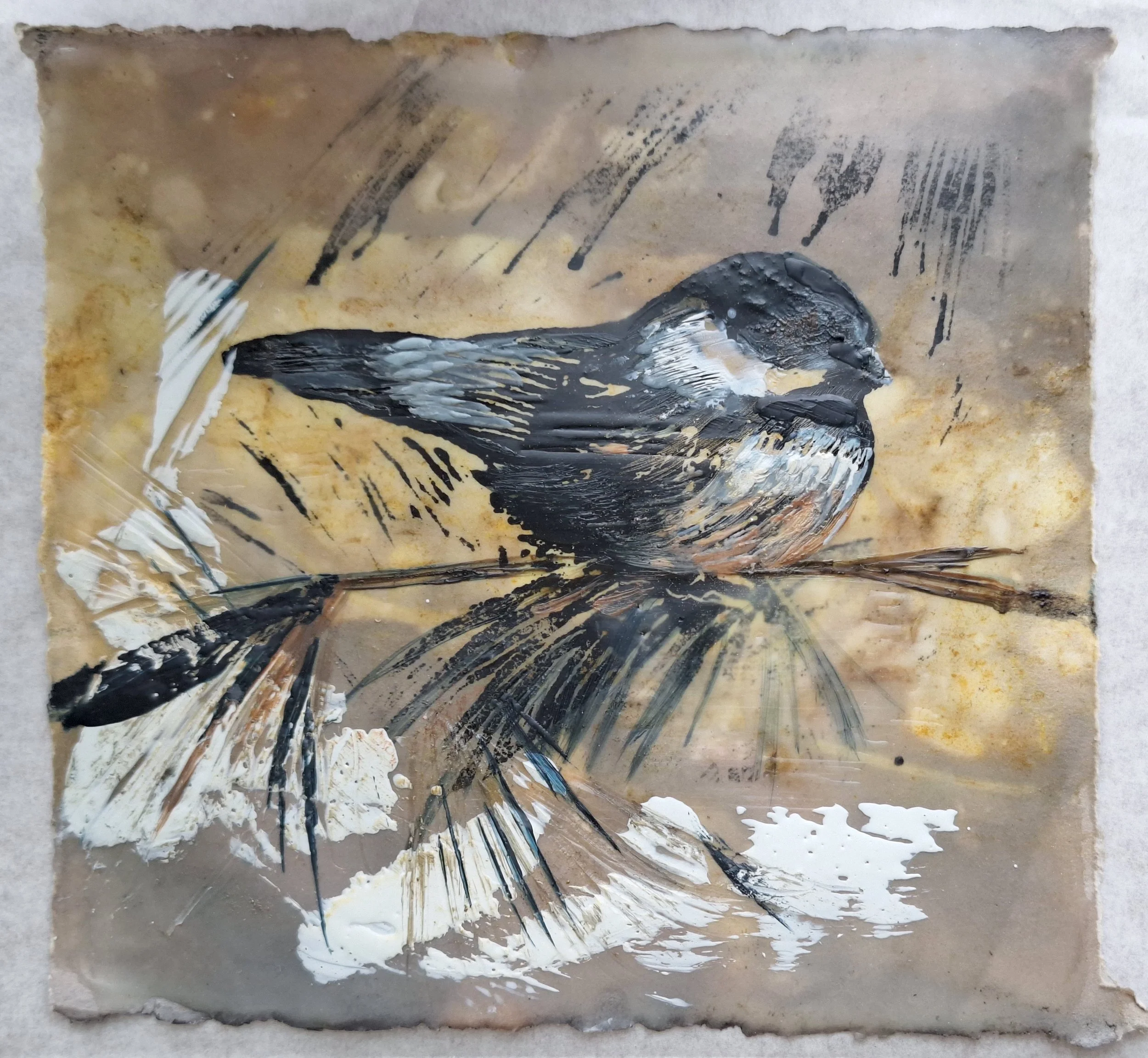 Chickadee Stilled

 

 encaustic and oil stick on print on Reeves  7” x 7”  2024   
