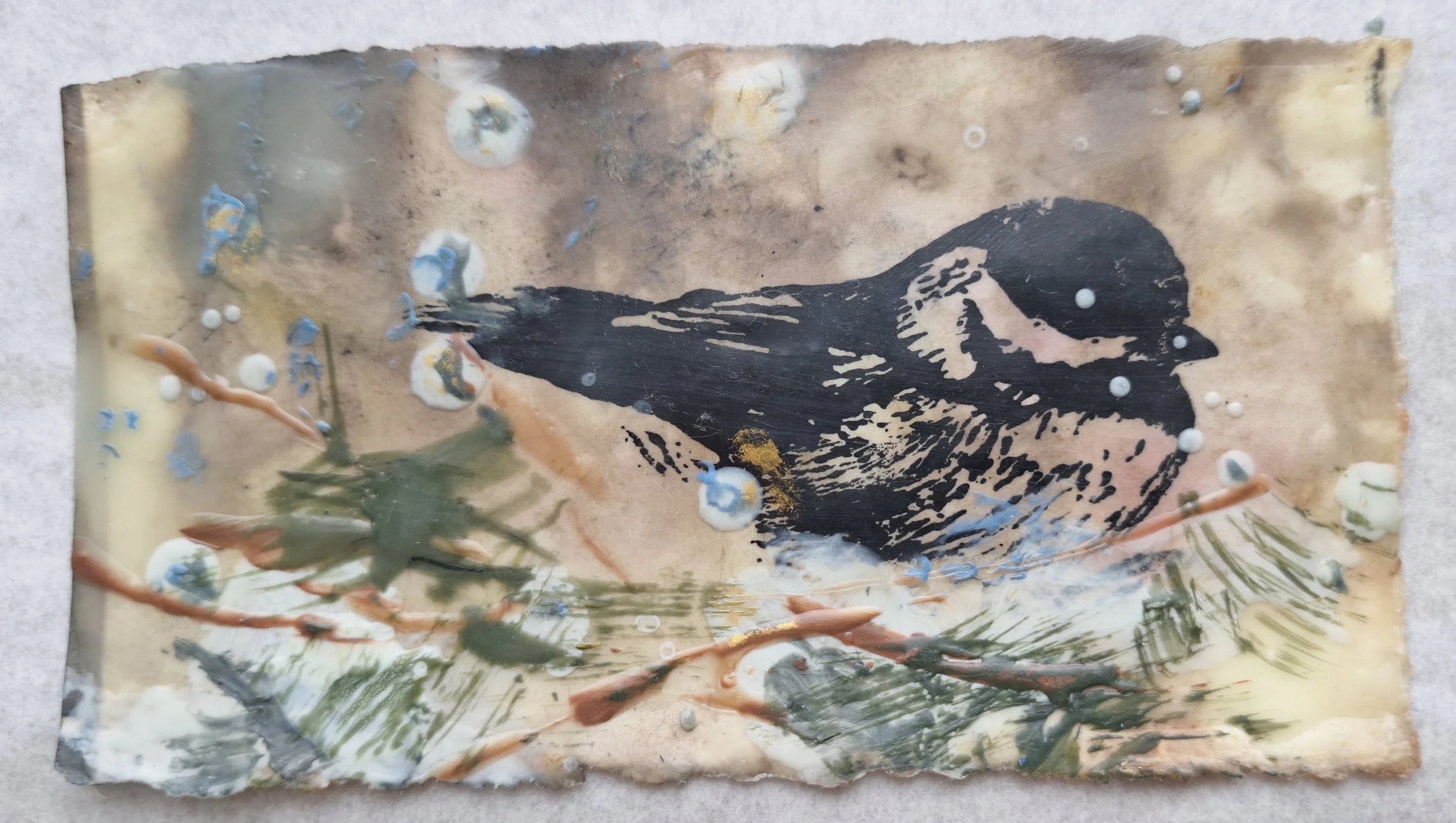 Snowy Drops

 

 encaustic and oil stick on print on Reeves  5” x 7.5”  2025   