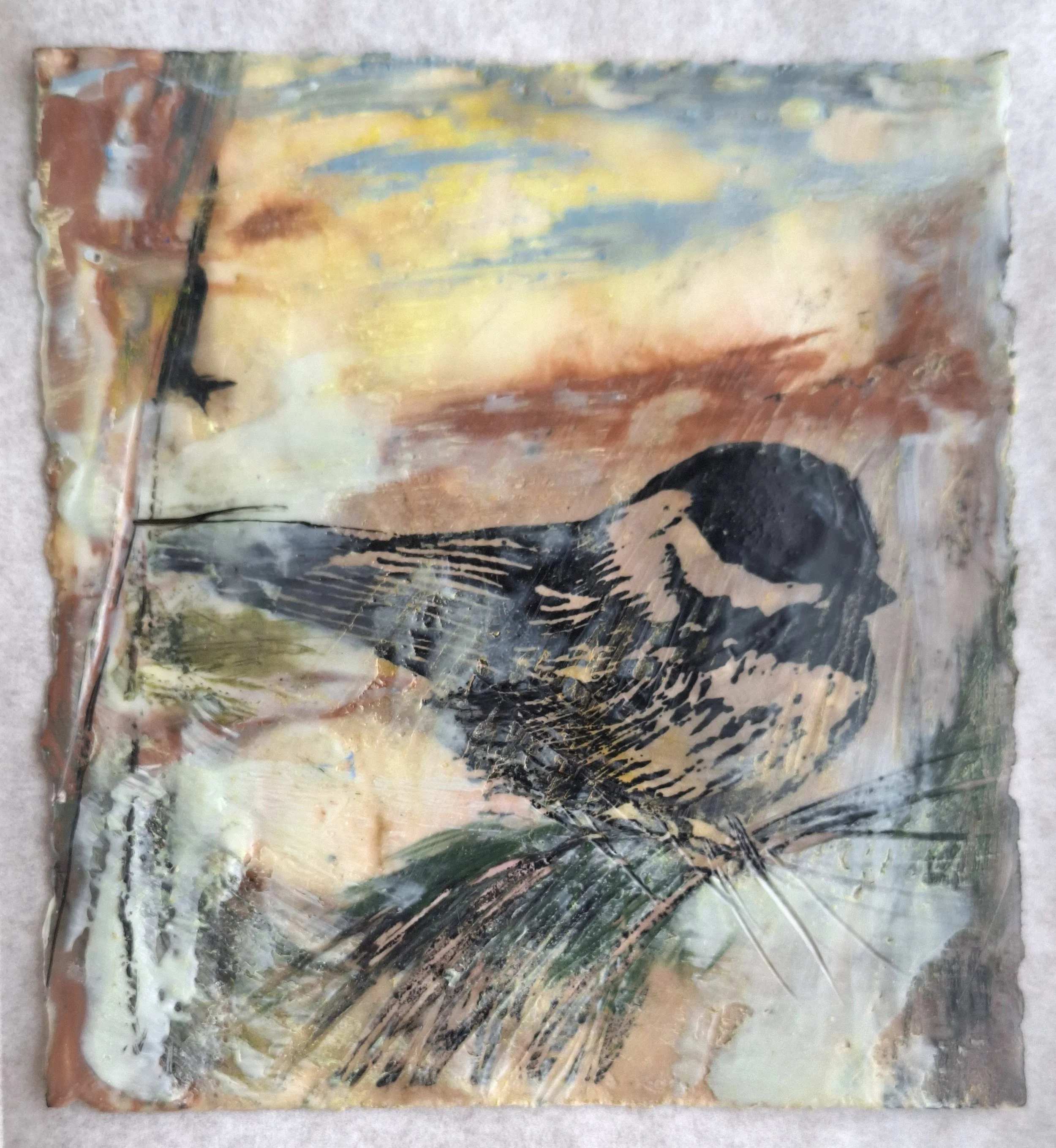 Dawn

 

 encaustic and oil stick on print on Reeves  6” x 5”  2025   