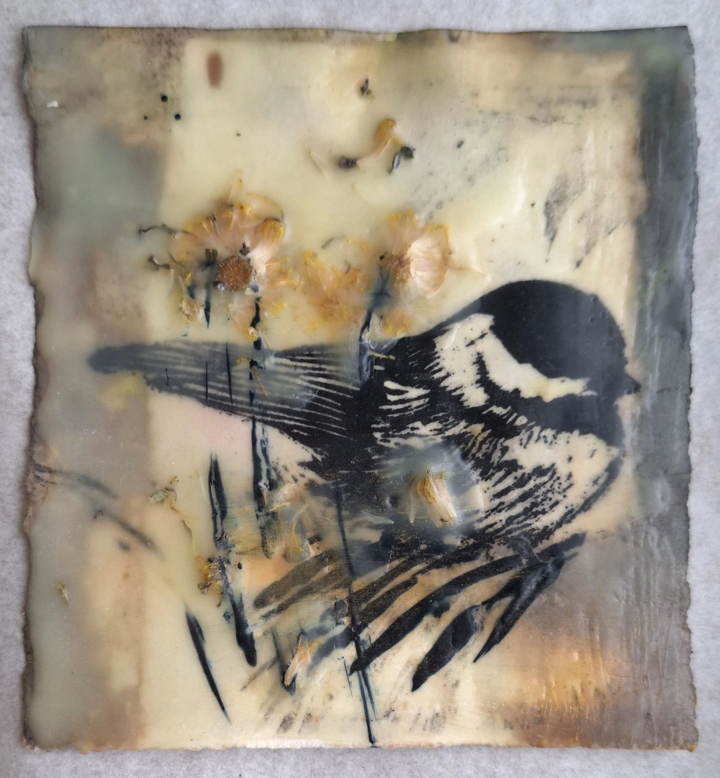 Between the Sun and the Daisies

 

 encaustic and oil stick on print on Reeves  5” x 4”  2025   