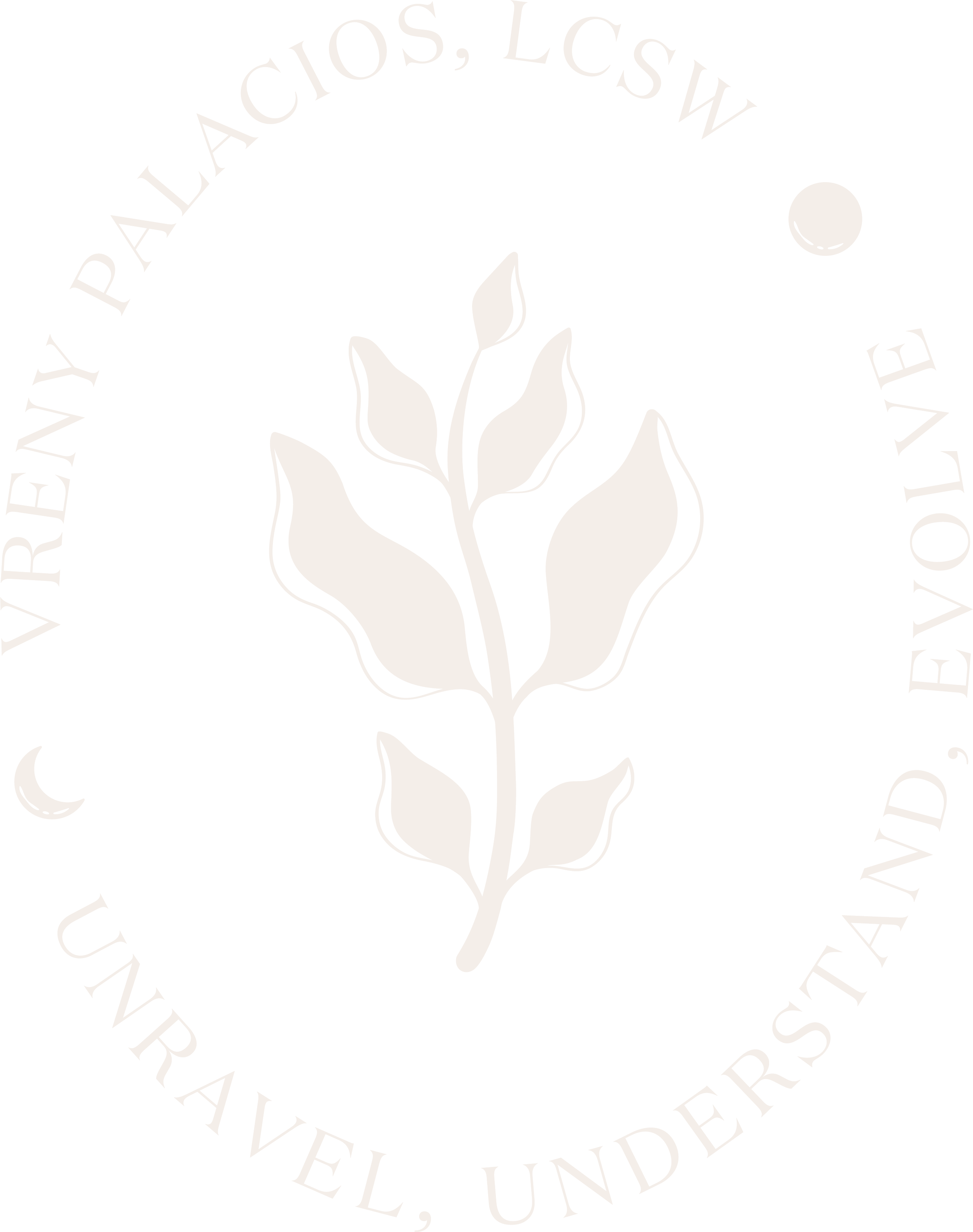 Logo for VERY PALACIOS, LCSW, featuring a stylized plant with leaves, surrounded by the text "UNTRAVELED, UNDERSTOOD, LIVED" and a small crescent moon.