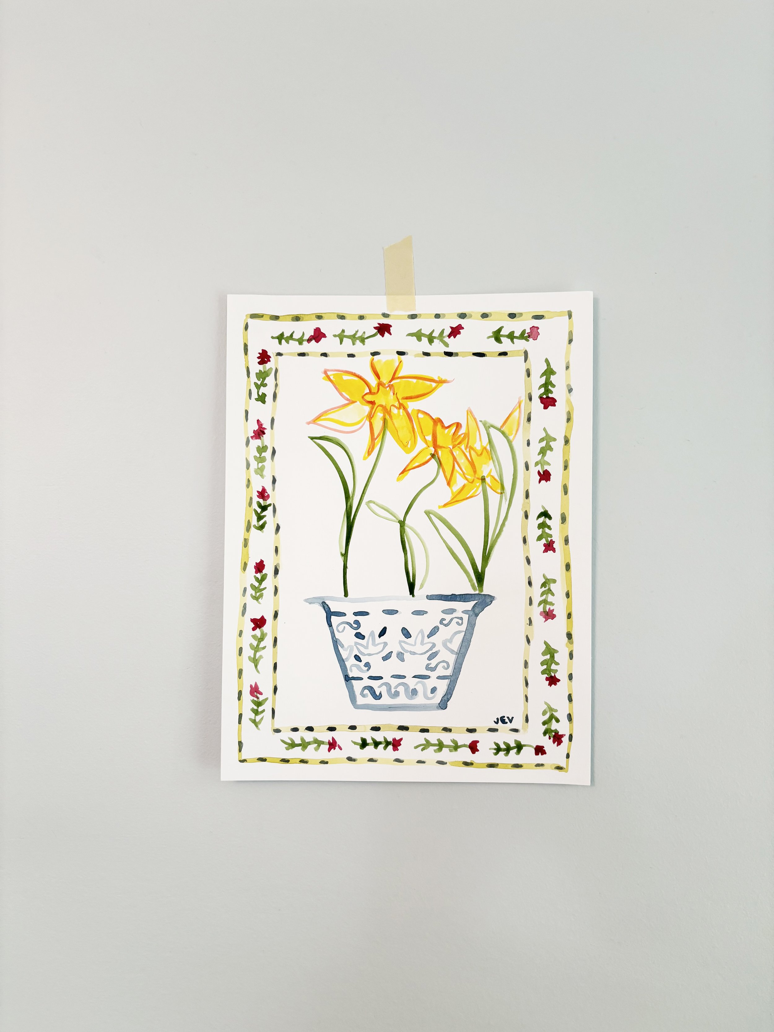 Three Daffodils in a Folk Border