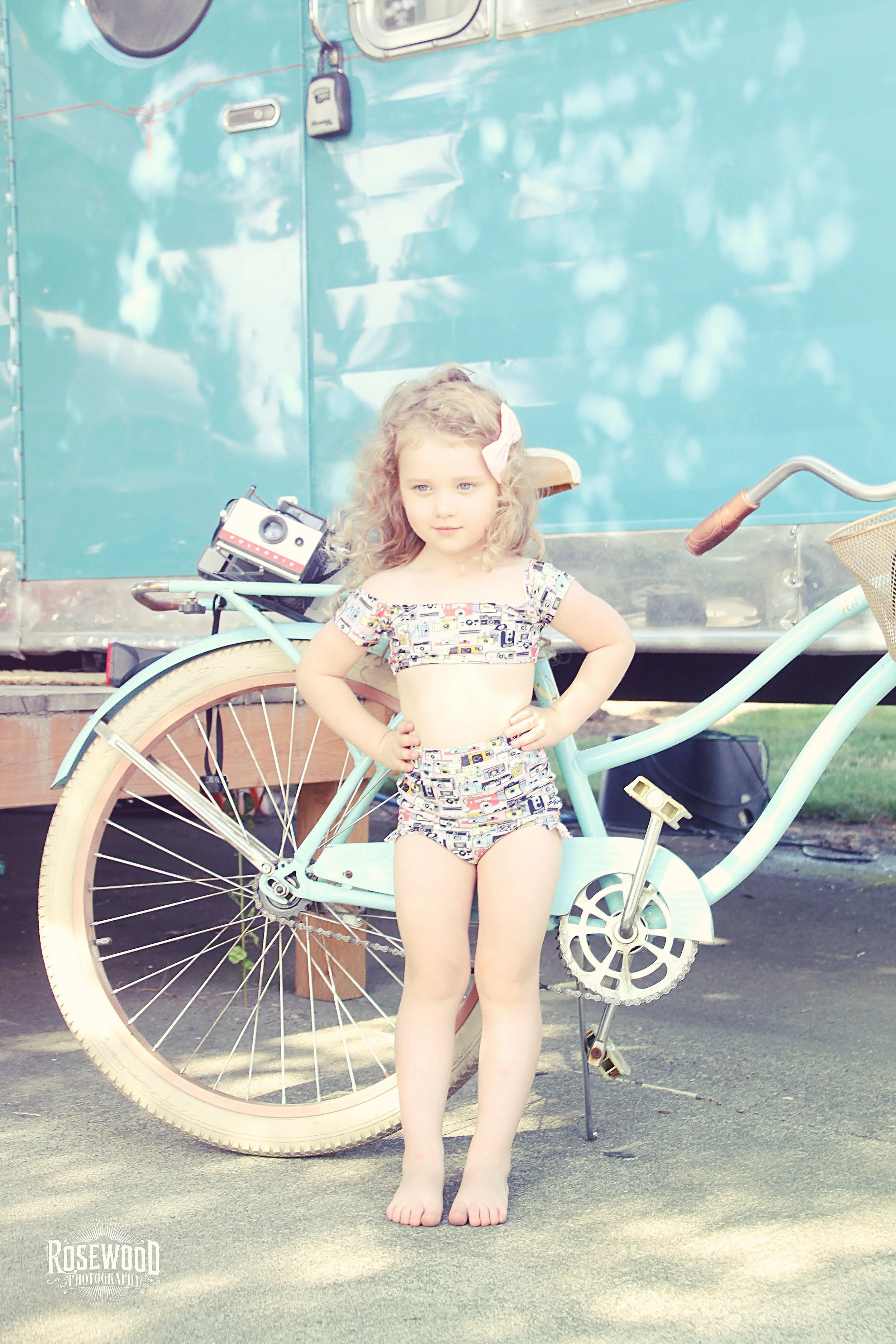 Girls Pink Vintage Camera Print High Waist Bikini