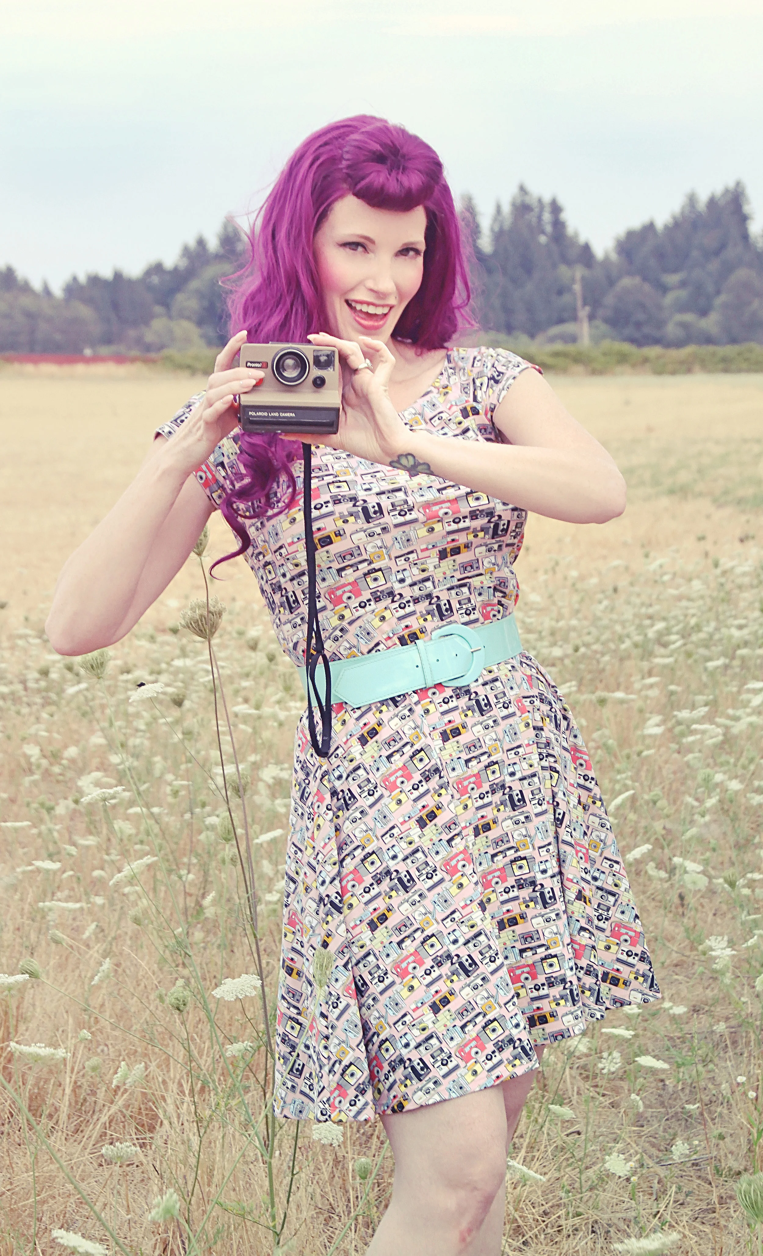 Women's Pink Vintage Camera Print Skater Dress