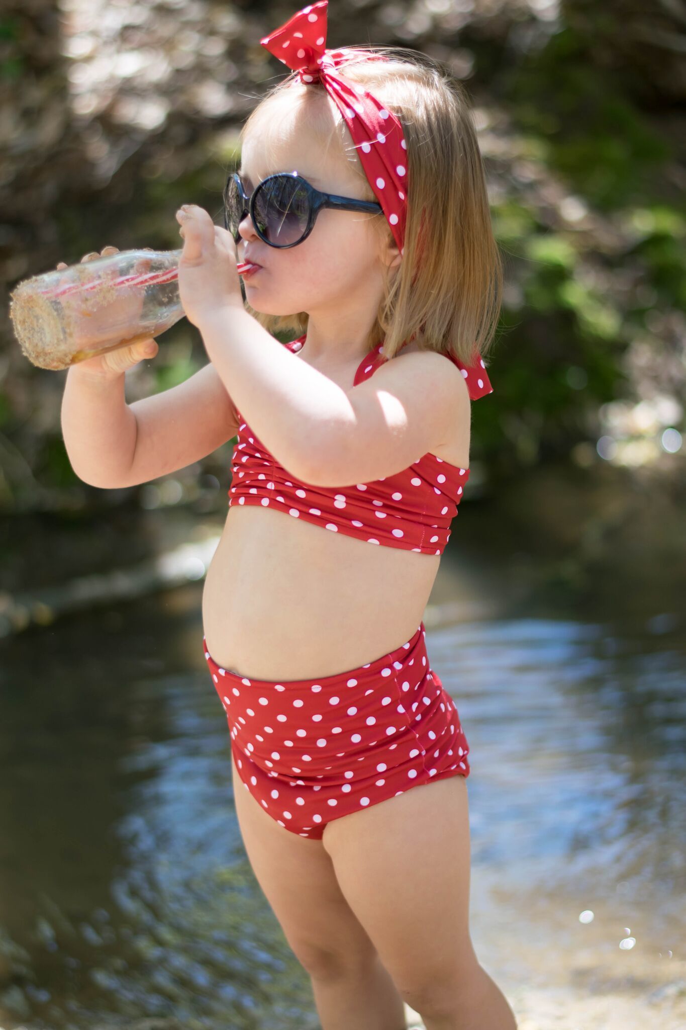 Girls Red and White Polka Dot High Waist Bikini